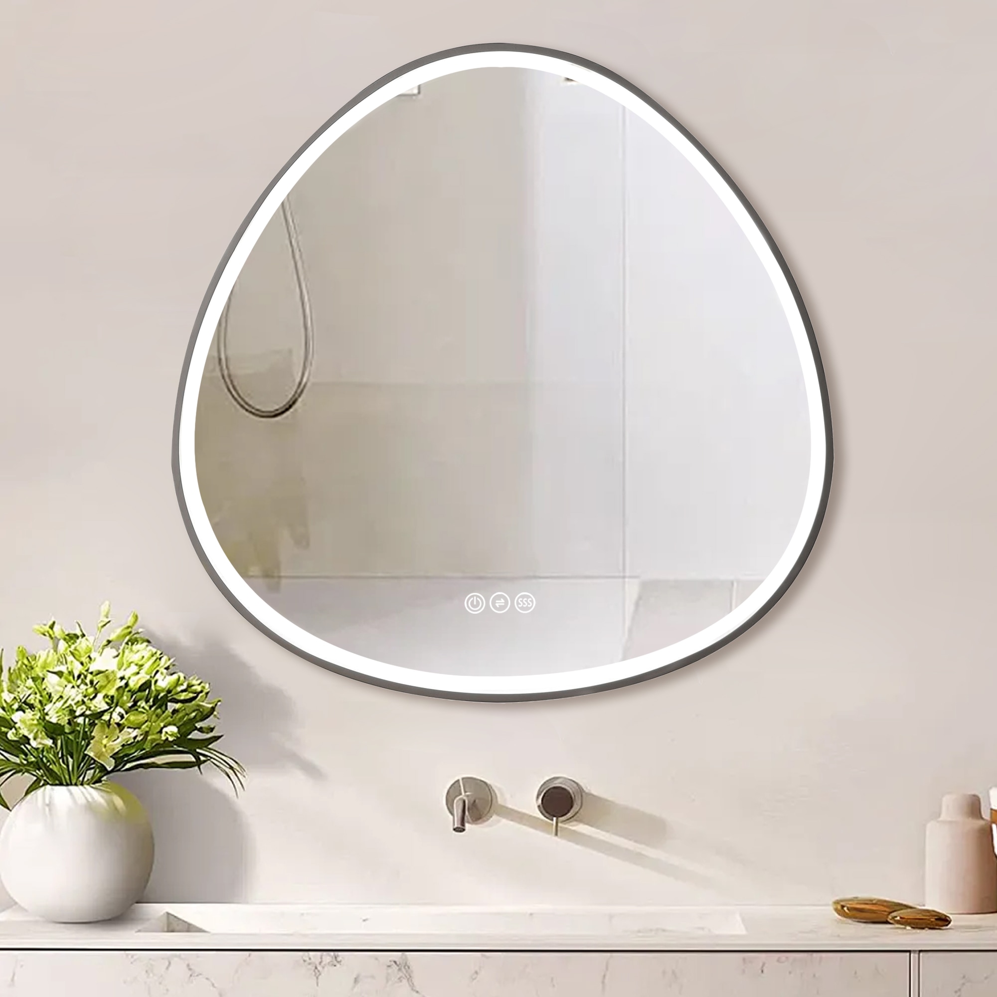 LOVMOR SF-WO-W716P233470 32x32in Gunmetal Grey Framed Dimmable Anti-Fog LED Bathroom Mirror