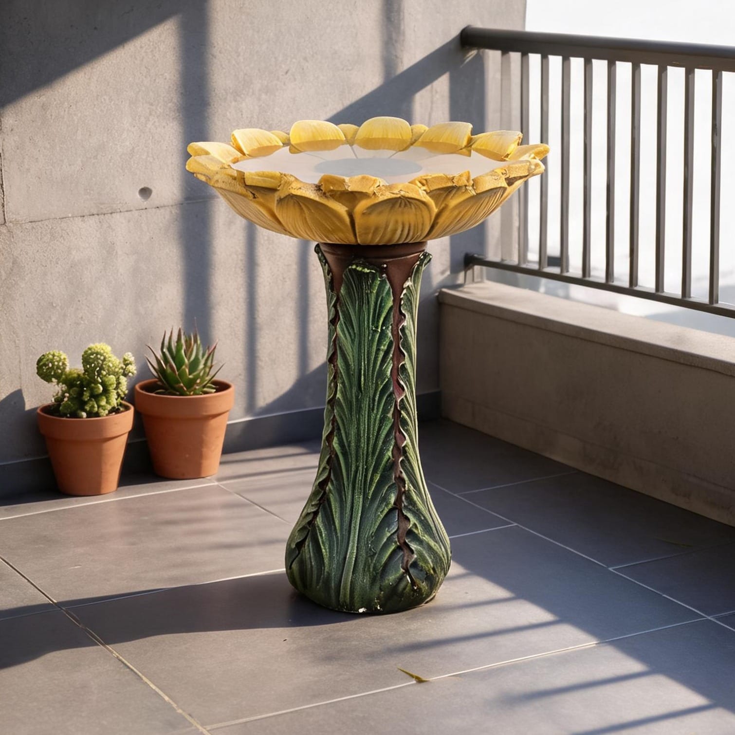SUNCREAT - 24.4-Inch Pedestal Bird Bath with Sculpted Sunflower Bowl in Warm Yellow and Green Con...
