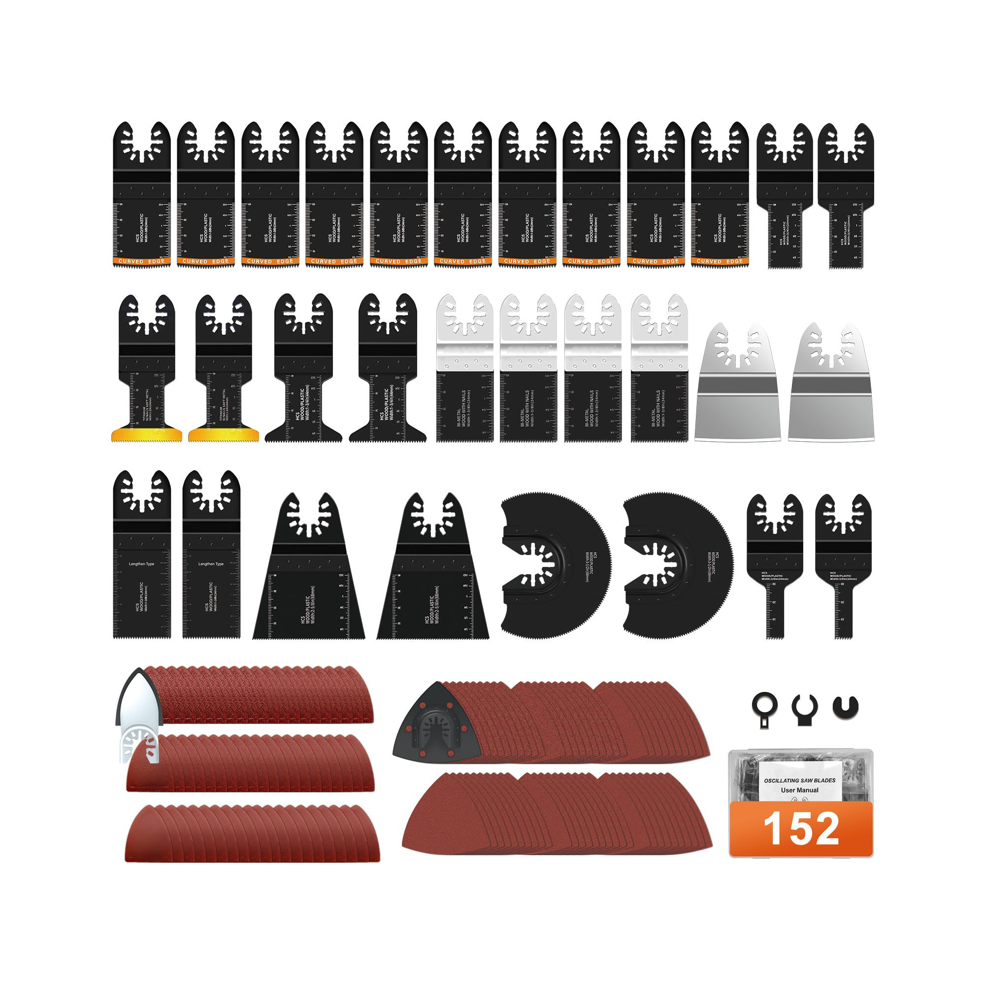 Etokfoks  152 piece oscillating tool blade and sandpaper kit titanium saw blades pads and quick release system for wood plastic plaster and