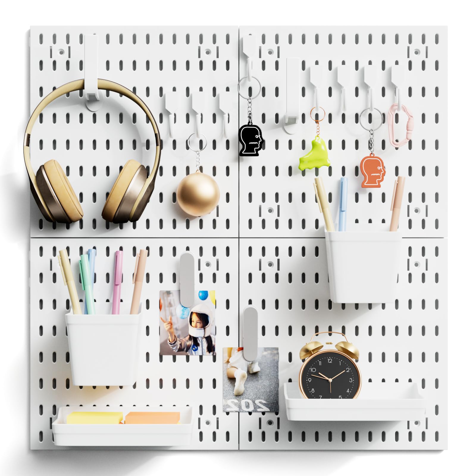 Vrbgify  4 pcs White Peg Board Wall Organizer Plastic Pegboard Panel with Hooks and Bins for Garage Kitchen Workshop Office Storage Easy Mount