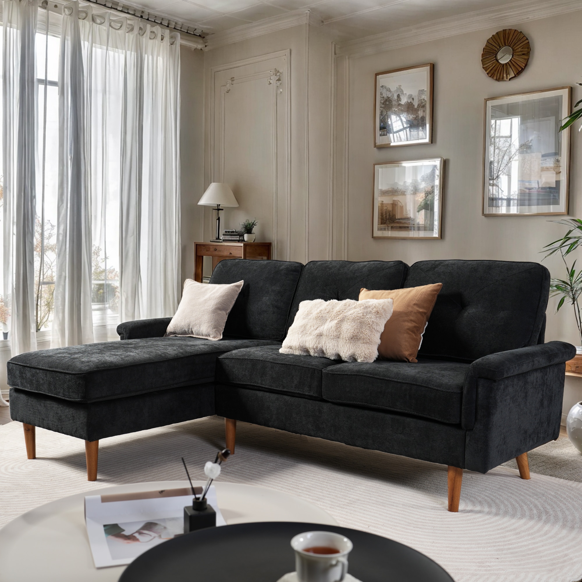 Caodoc L5-NOPL400-4 87-in Modern Black L-Shape sofa for Livingroom Reclining Sofa