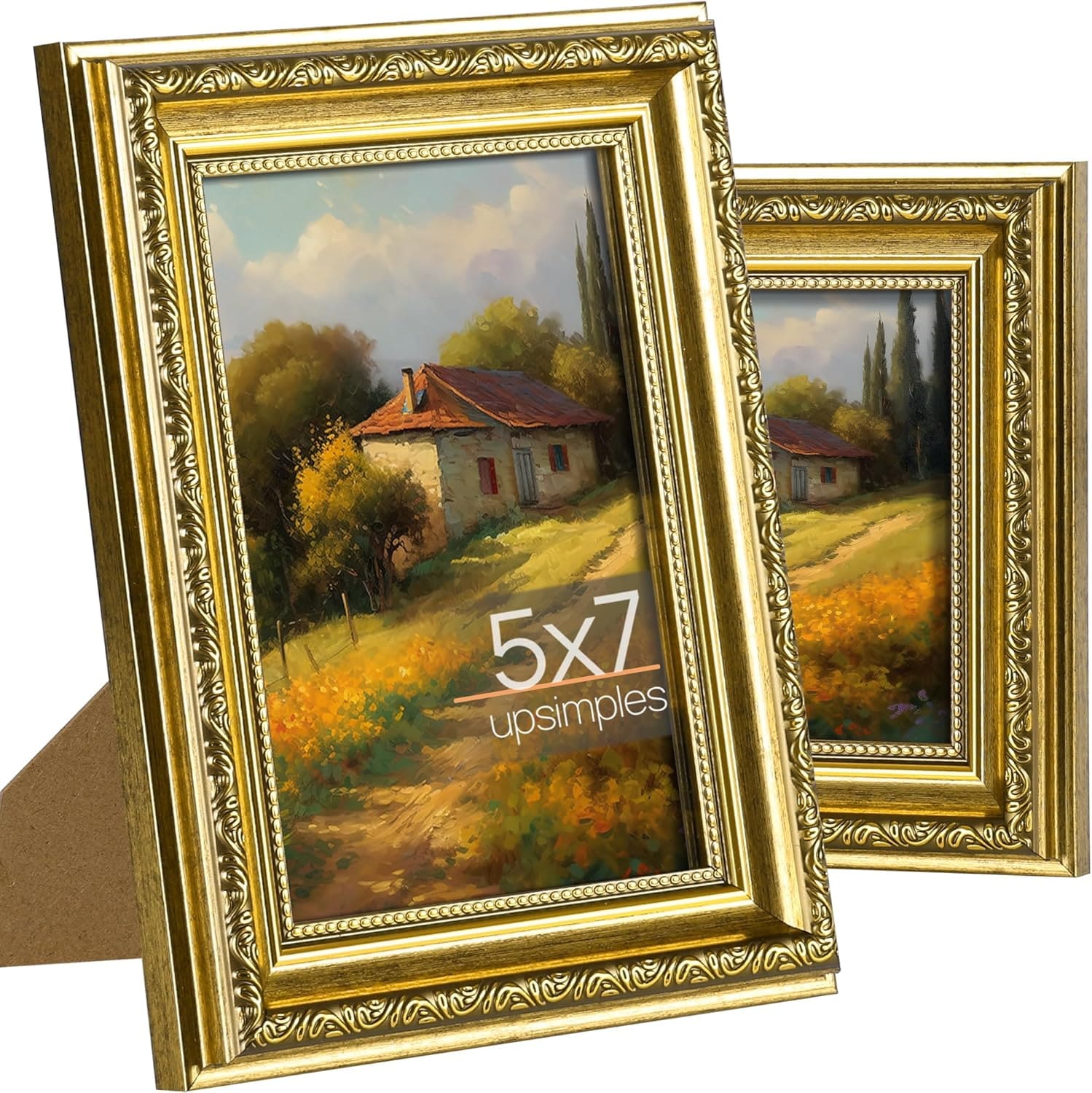 Upsimples B0CDB7PJZM 5x7 Picture Frame 2 Pack Gold Ornate Vintage Style with Real Glass for Wall or Tabletop Display