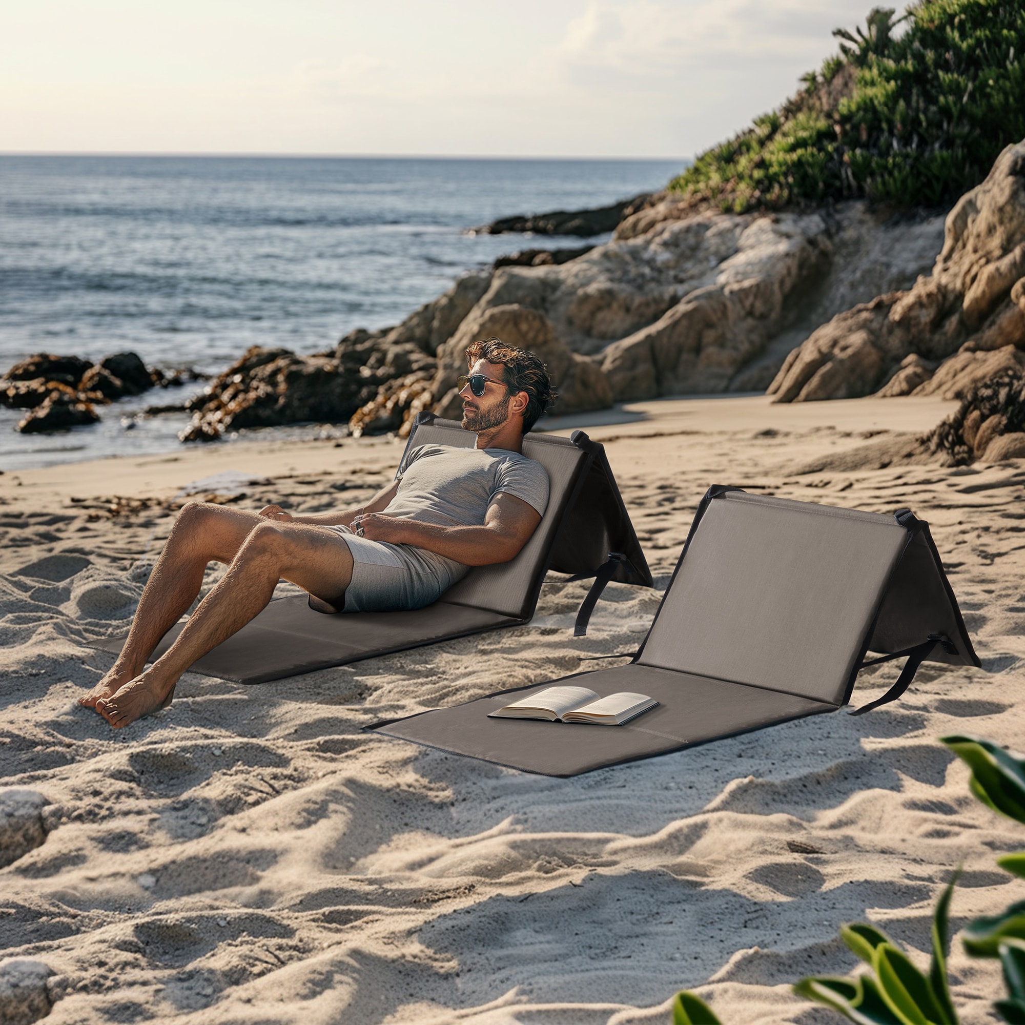 Sunjoy F802900100 Set of 2 Stackable Khaki Stationary Beach Chair with Beige Solid Seat