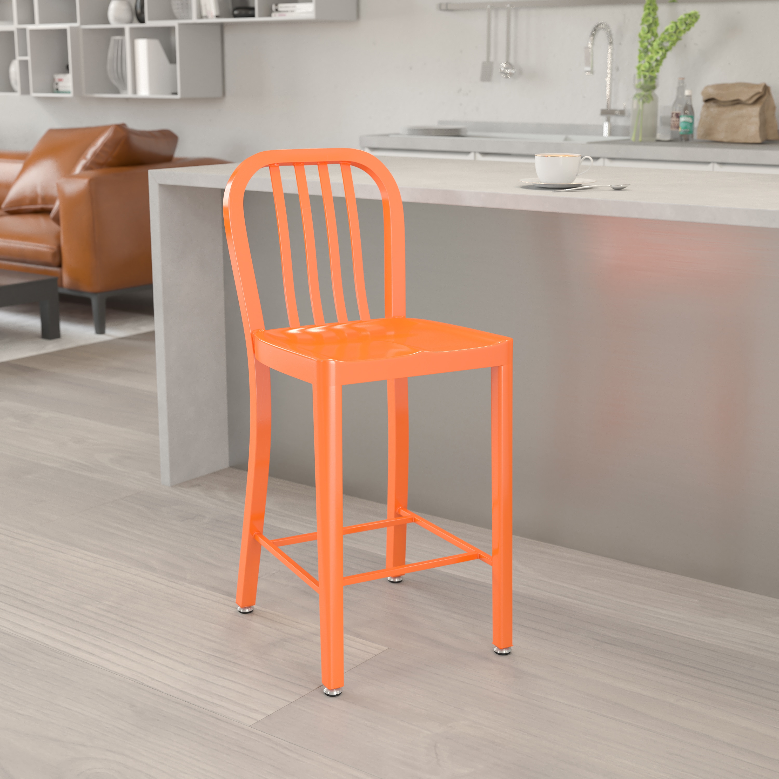 24" High Orange Metal Indoor-Outdoor Counter Height Stool
