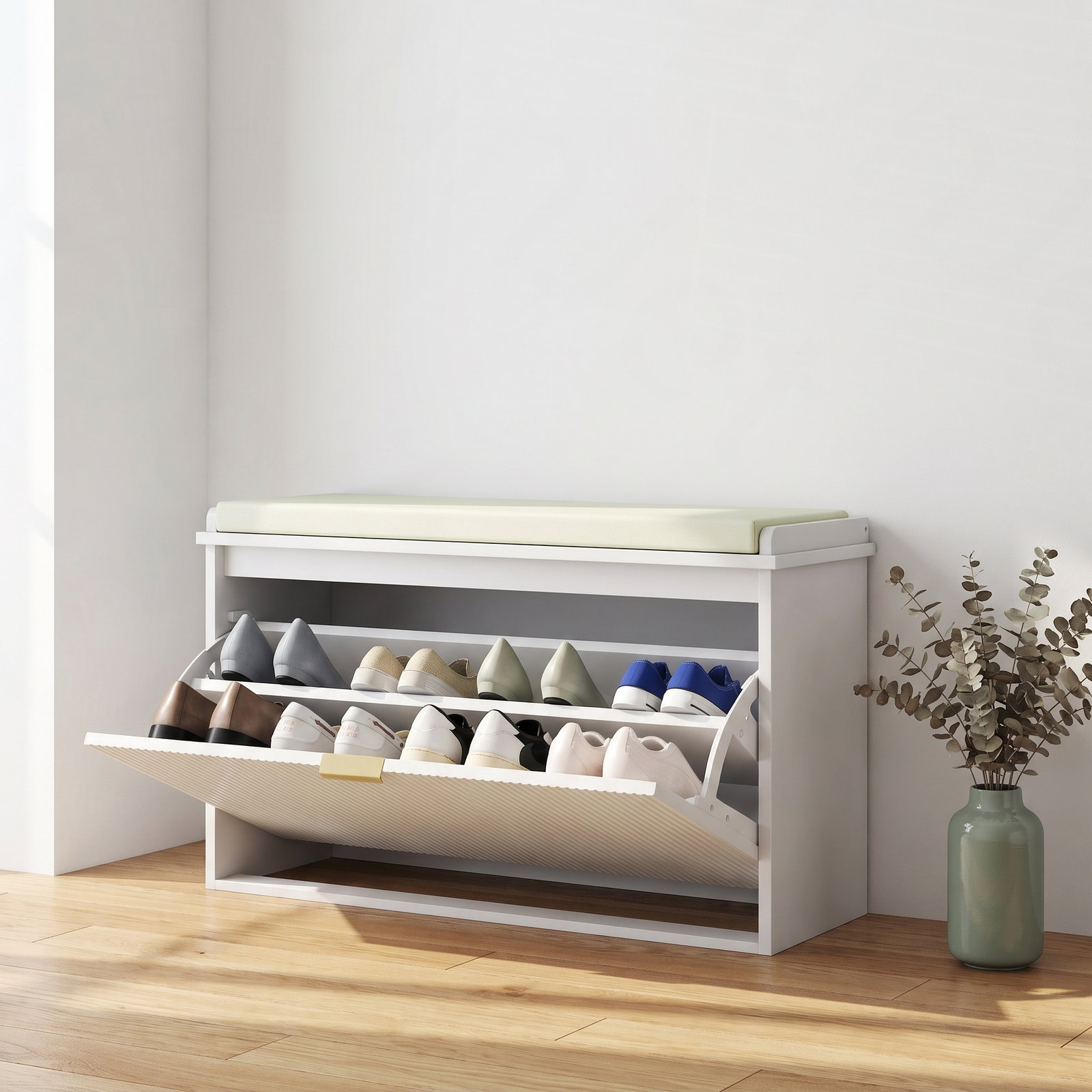 SunJet Shoe Storage Cabinet Bench with Padded Seat and Flip Drawer for Entryway Hallway White