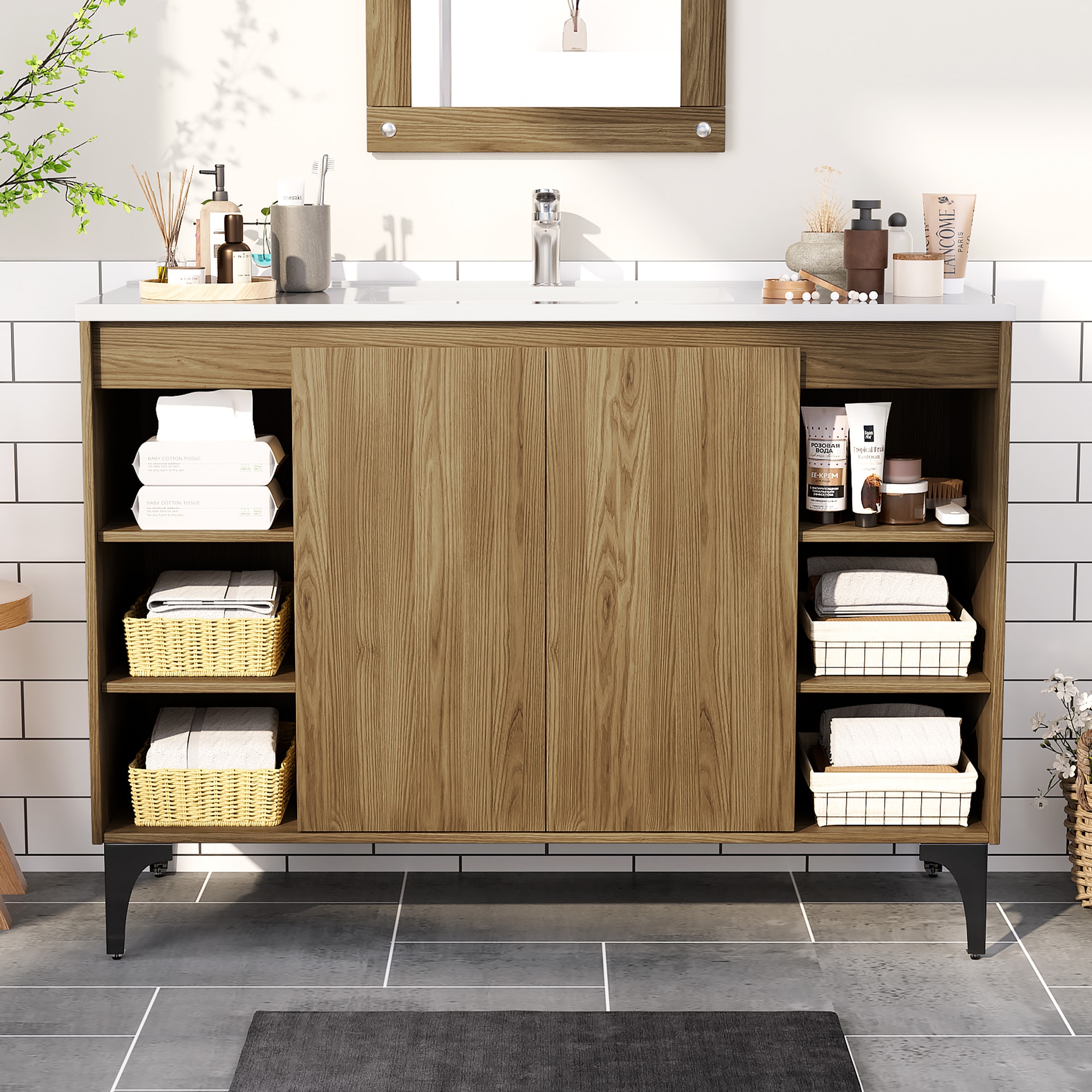 JEAREY JE-LDCWD-BE 48-in Burlywood Single Sink Bathroom Vanity with White Polymarble Top