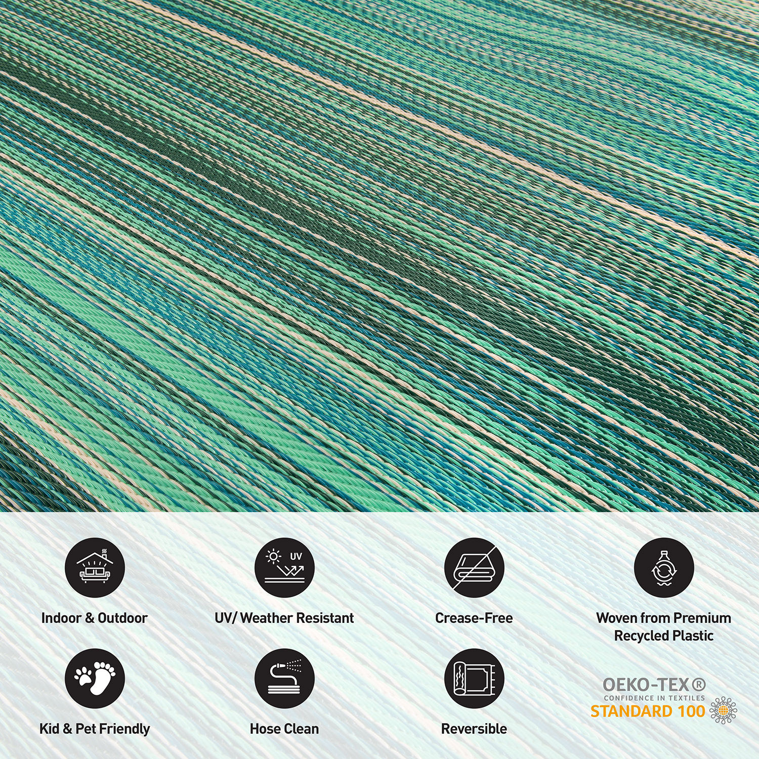 Blue and Green Striped Synthetic Reversible Area Rug 8' x 10'