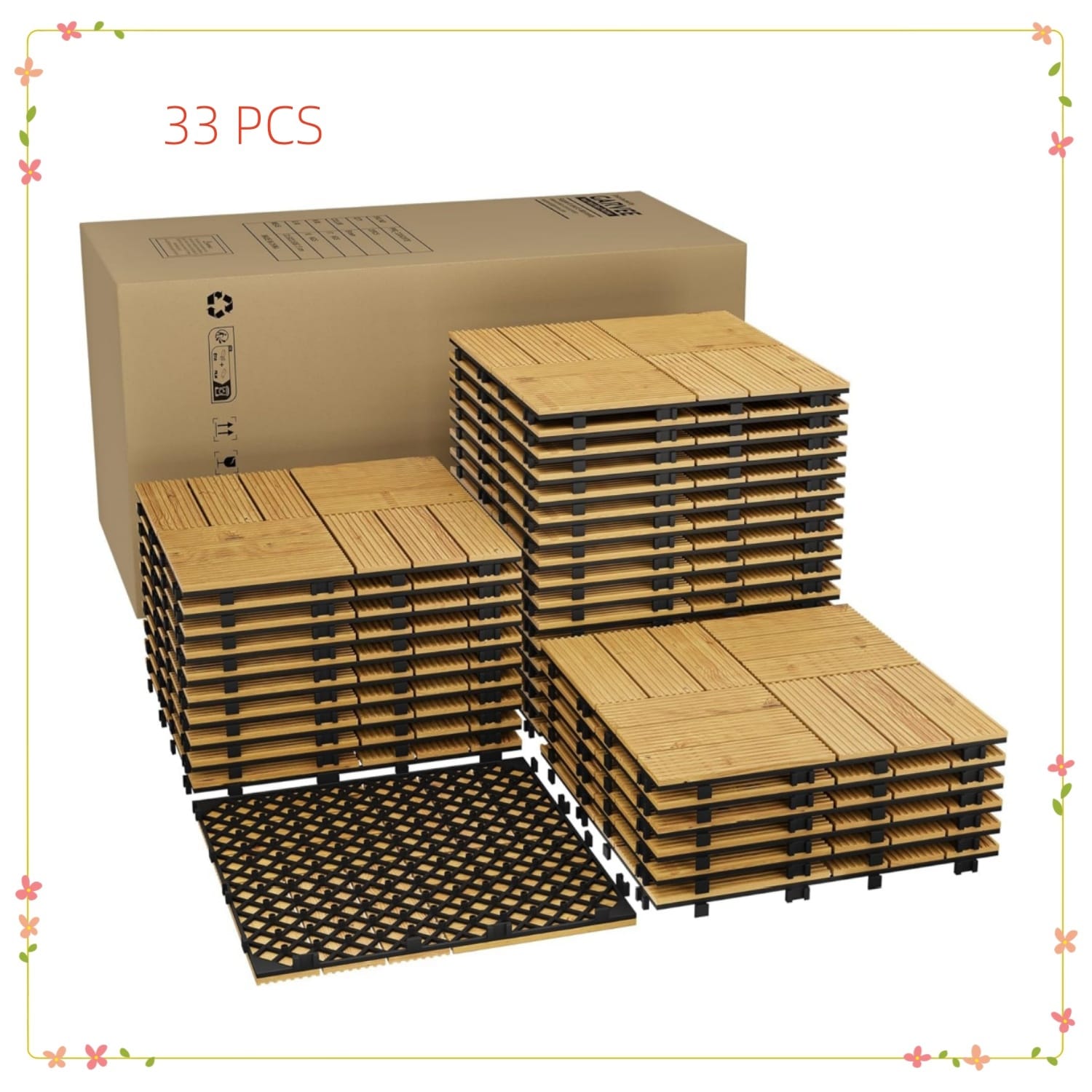 Garvee 33-Pack Acacia Wood Deck Tile 12x12 In Interlocking Waterproof All-Weather Indoor/Outdoor Flooring for Patio Balcony Poolside and Backyard Yellow