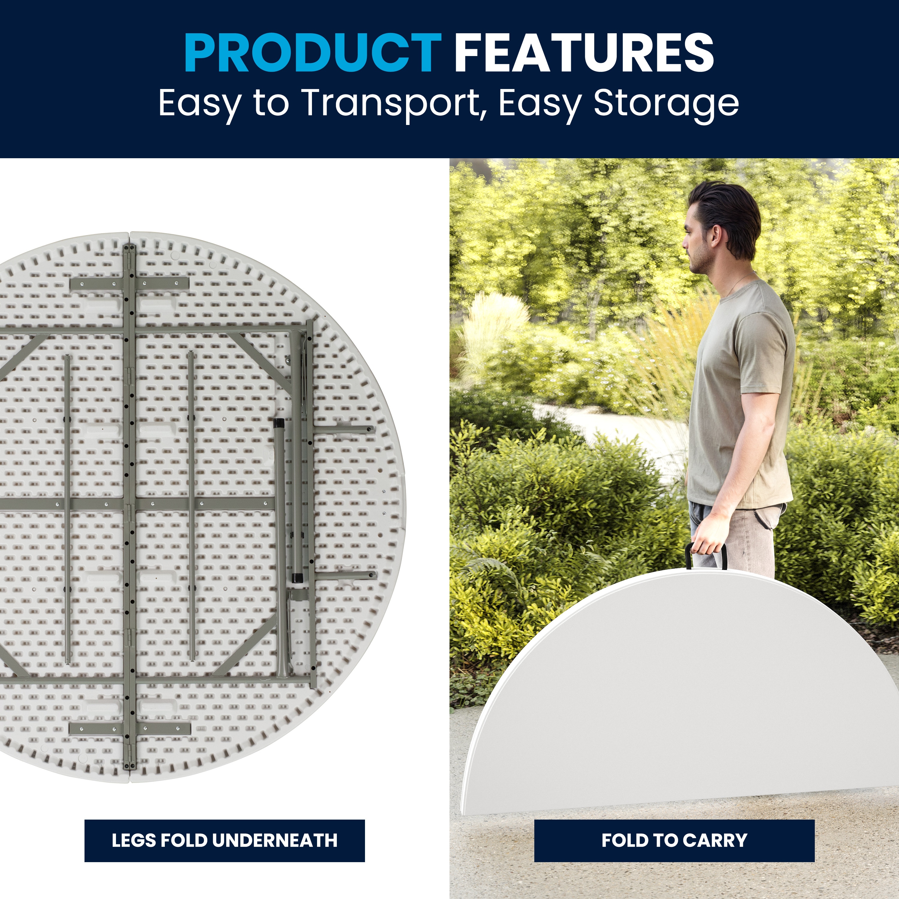 Granite White 60'' Round Bi-Fold Table with Metal Frame and Handle