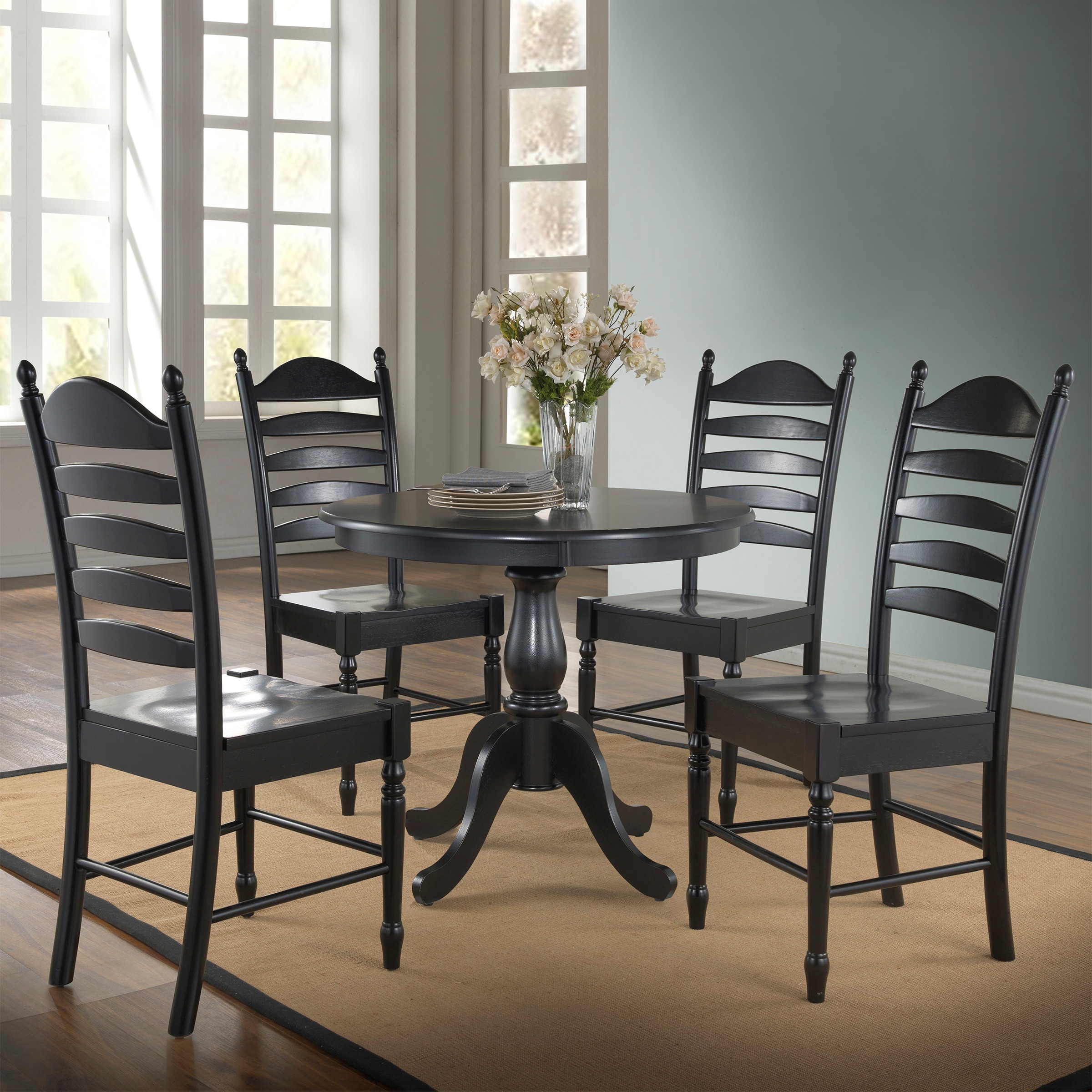 Classic Black Round Wood Dining Table with Pedestal Base