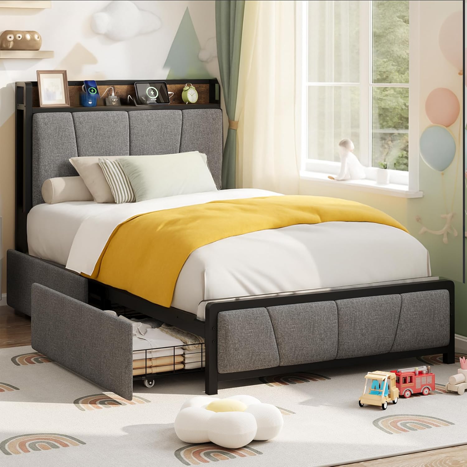 Qeetex YJCJ-PHO-10VUZAN5 Queen Size Upholstered Bed Frame with Storage Headboard 2 Drawers USB Charging Station No Box Spring Needed Heavy Duty Grey