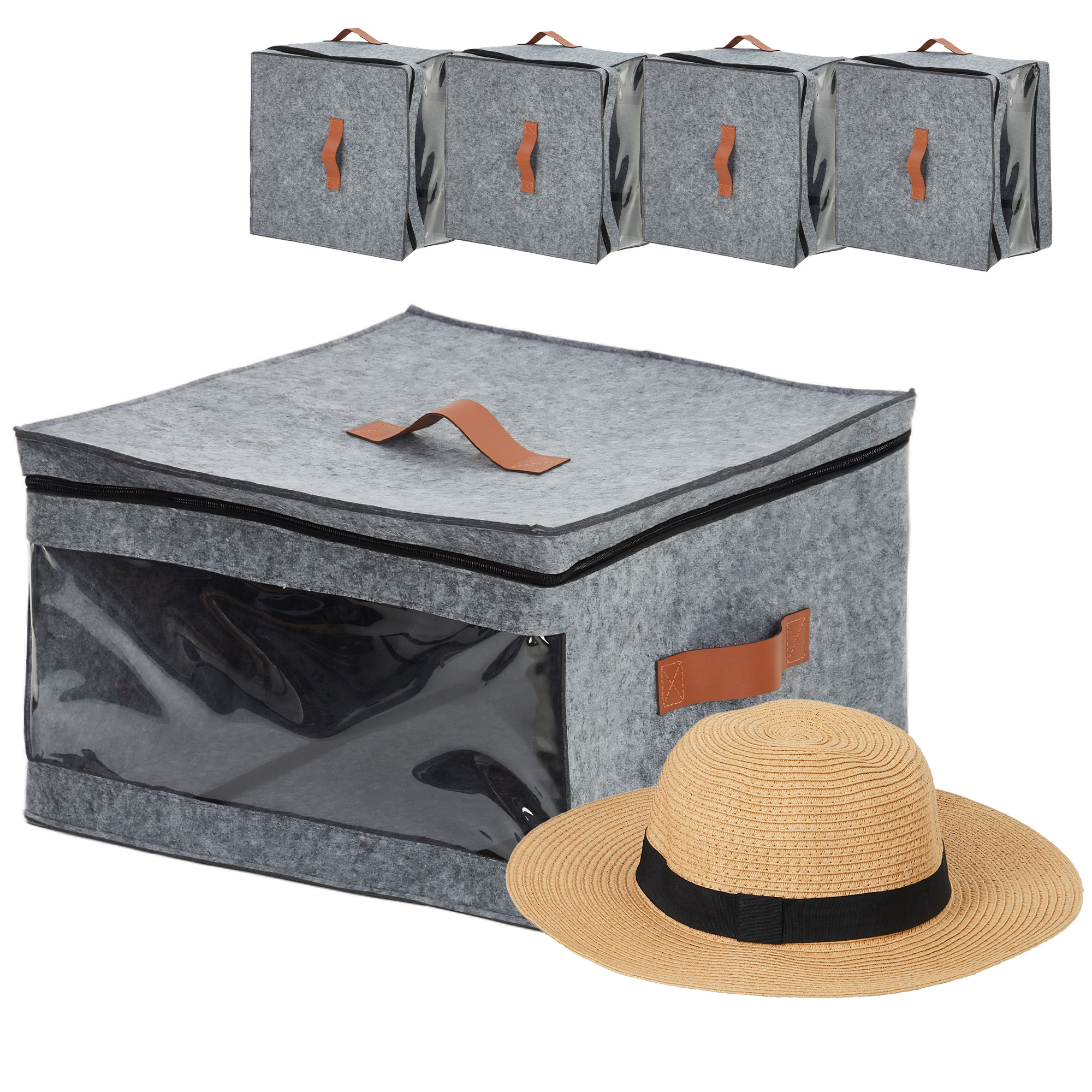 Garvee 4 Pack Square Felt Hat Storage Box Foldable Travel Closet Organizer for Cowboy Hats Wide Brim Caps Stuffed Animals Toys Large Capacity Stackable Carrier Case Gray