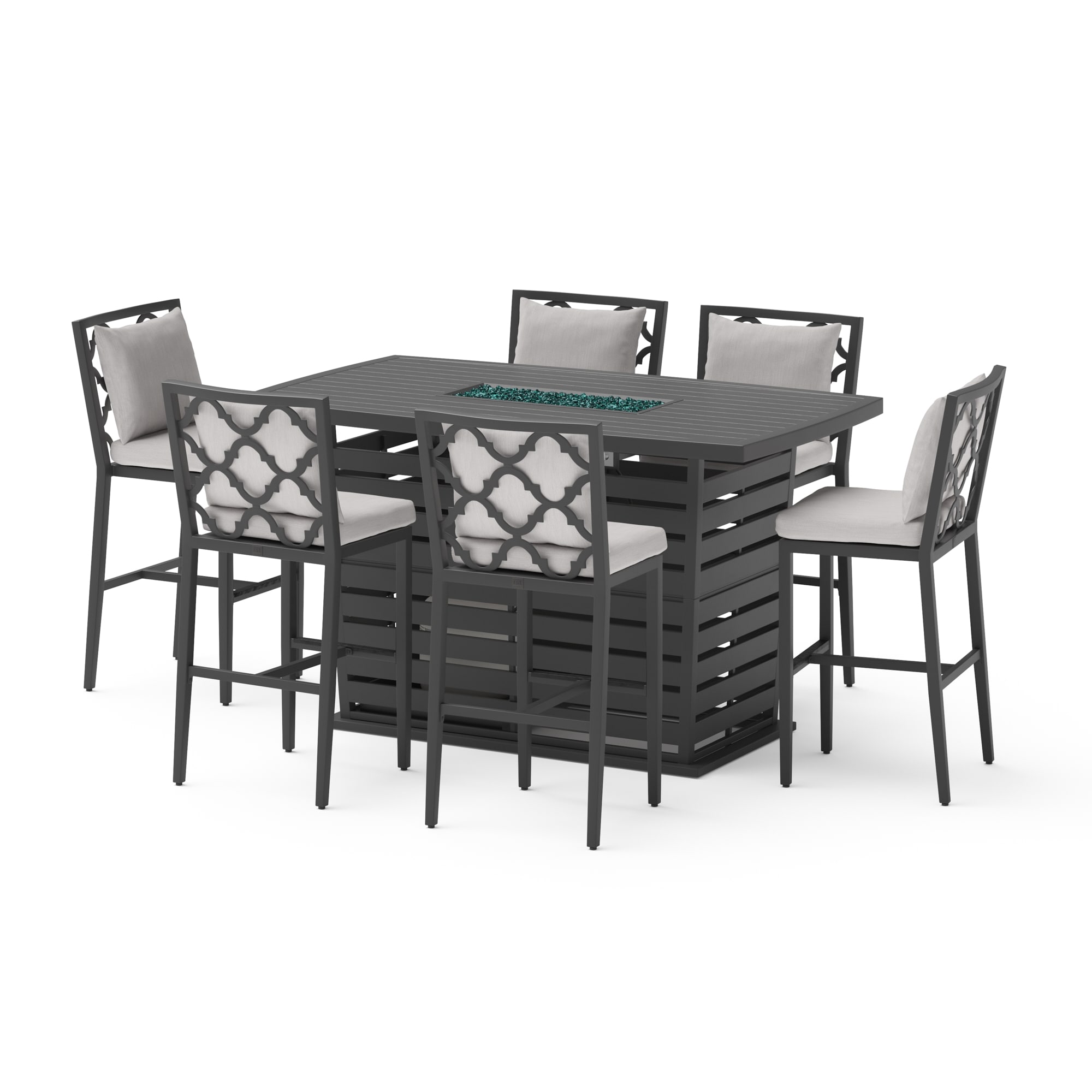 RST Brands OP-ALBFT7-VEN-K Venetia 7 -Piece Espresso Bar Height Patio Dining Set Aluminum Rectangle Table with 6 Gray Cushions Stationary and Motion Chairs Fire Pit Included