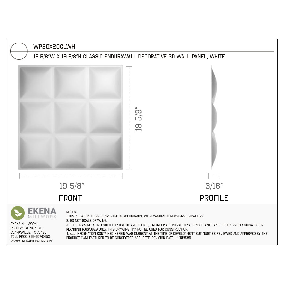 Ekena Millwork WP20X20CLWH-CASE-12 Wall-Panels - View #2