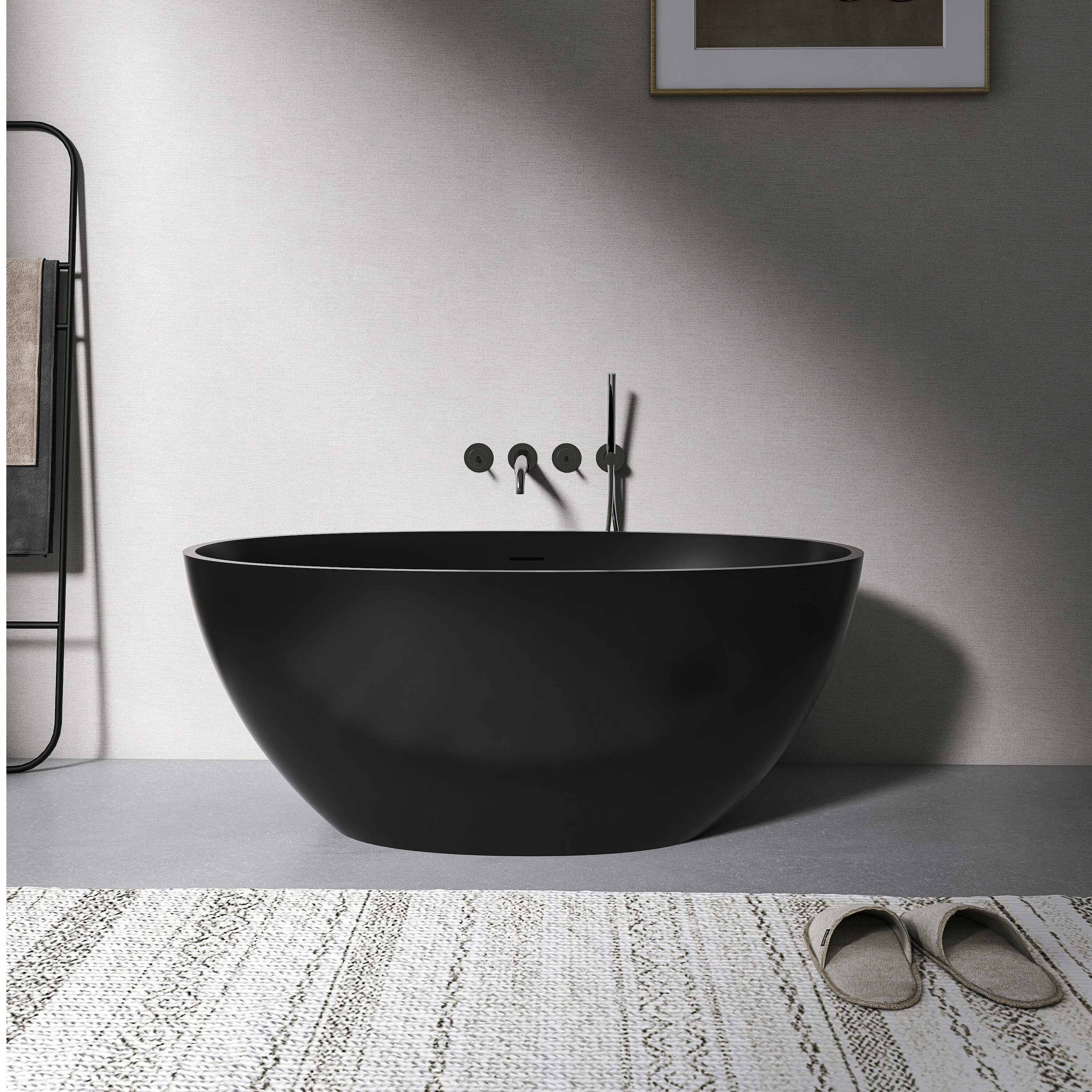 POCCI 55 Inch Oval Black Freestanding Bathtub Solid Surface