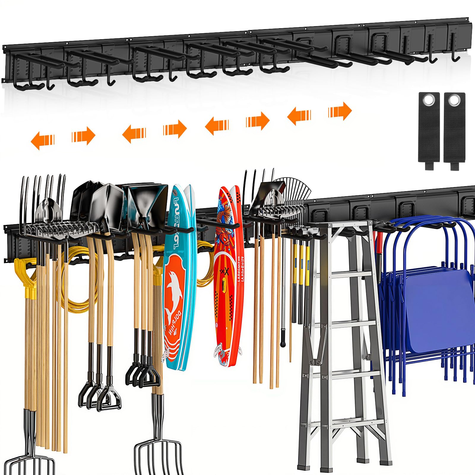 Anqtovp  Heavy Duty Garage Wall Organizer 64 Inch 18 Pack Tool Storage System with 4 Rails and 12 Adjustable Hooks Holds 570 lbs for Garden and Workshop