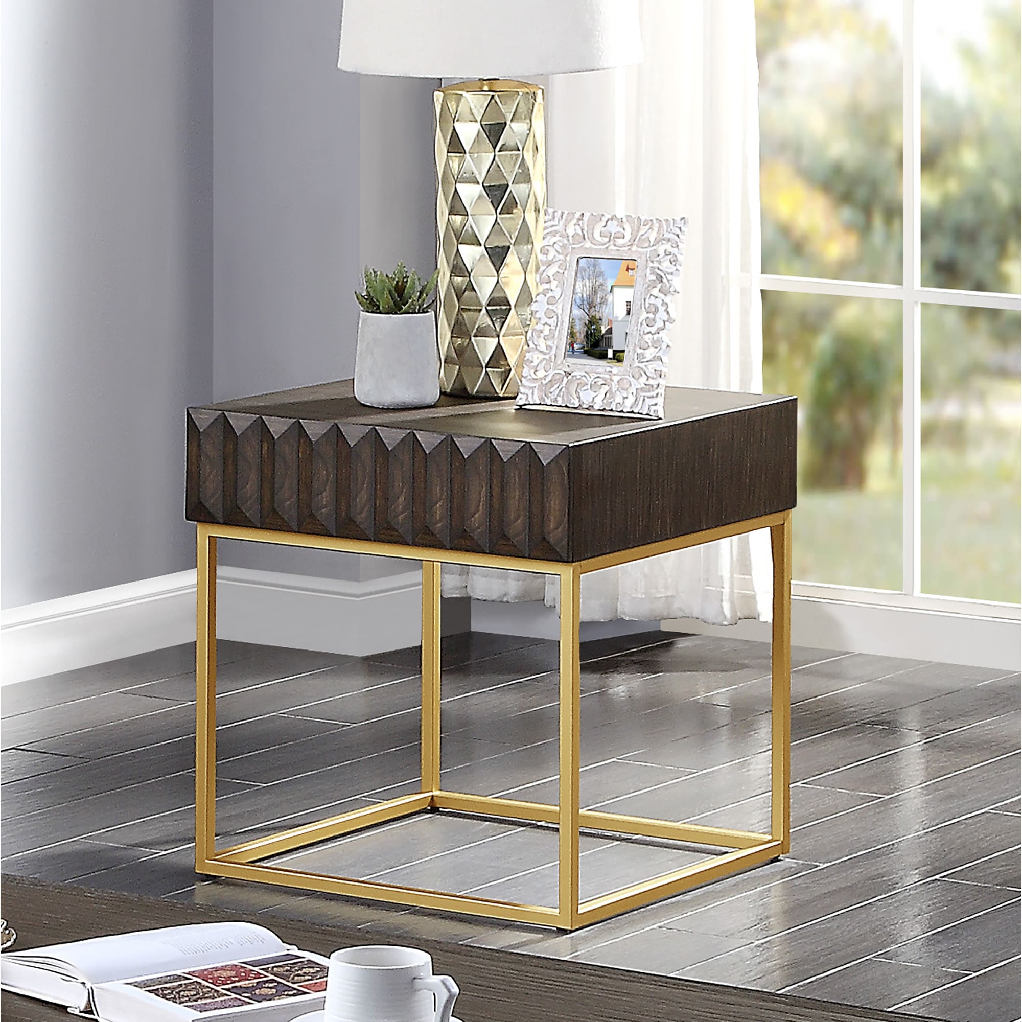 Furniture of America IDF-4545WN-E Whites Ferry 23-in W x 24-in H Walnut and Gold Composite Modern End Table with Storage Assembly Required