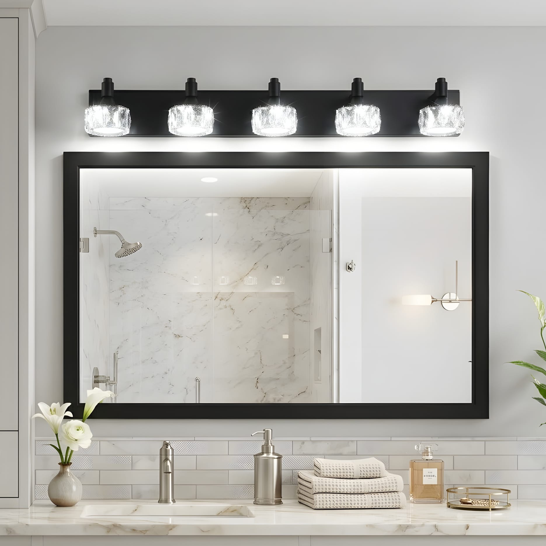 RCCFBHM 36-in 5-Light Matte Black Modern Integrated LED Bathroom Vanity Light with Crystal Glass Shades