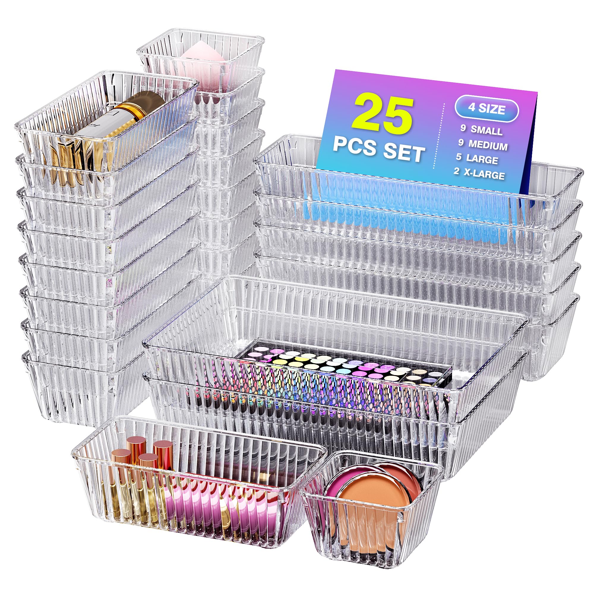 Phewnyzo  25 pcs Clear Plastic Drawer Organizer Set 4 Sizes Storage Bins for Makeup Jewelry Office Kitchen Bathroom Desk and Vanity Organization