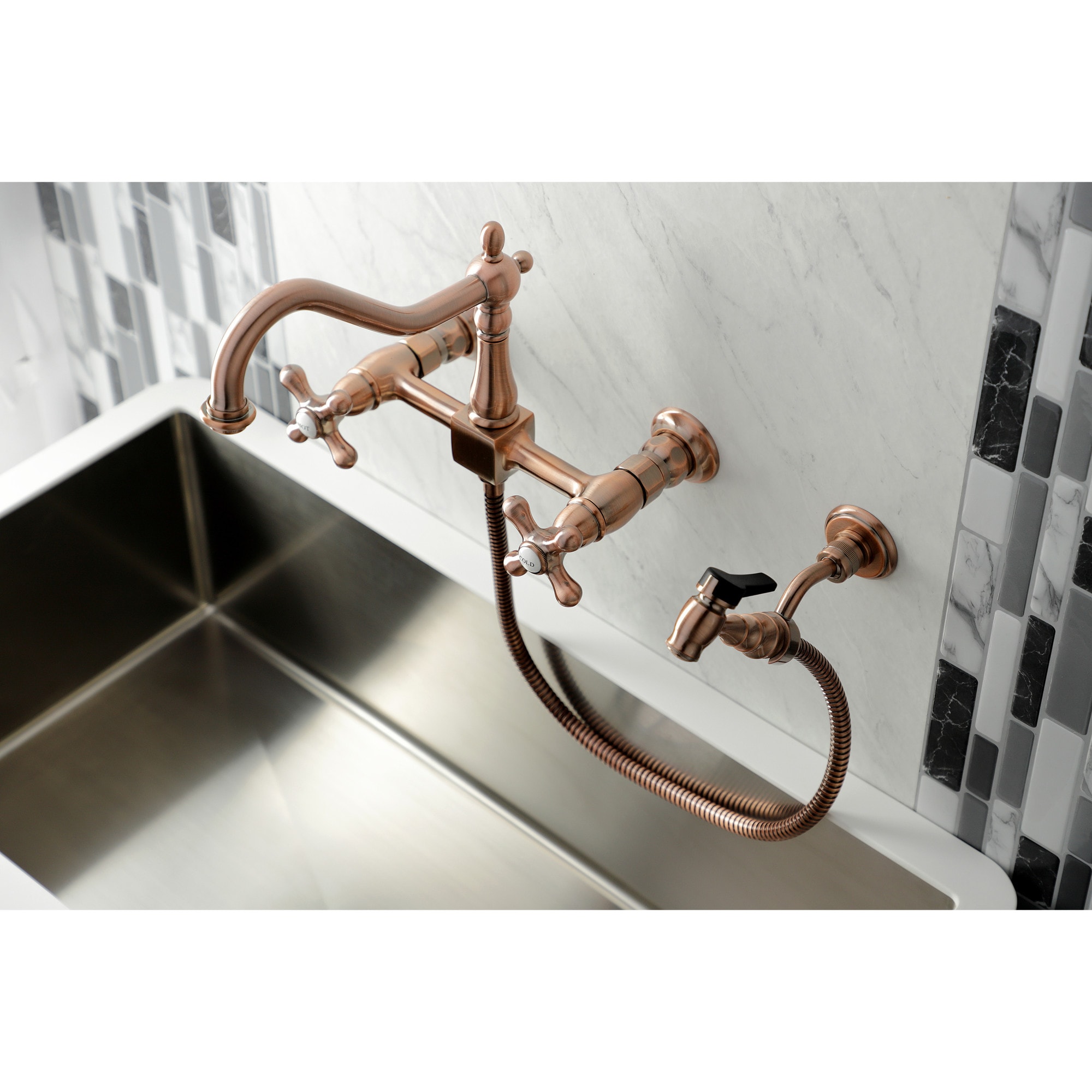 Kingston Brass WLKS124AXBSAC Heritage Antique copper Double Handle Wall-mount Kitchen Faucet with Sprayer ( Side Sprayer Included )