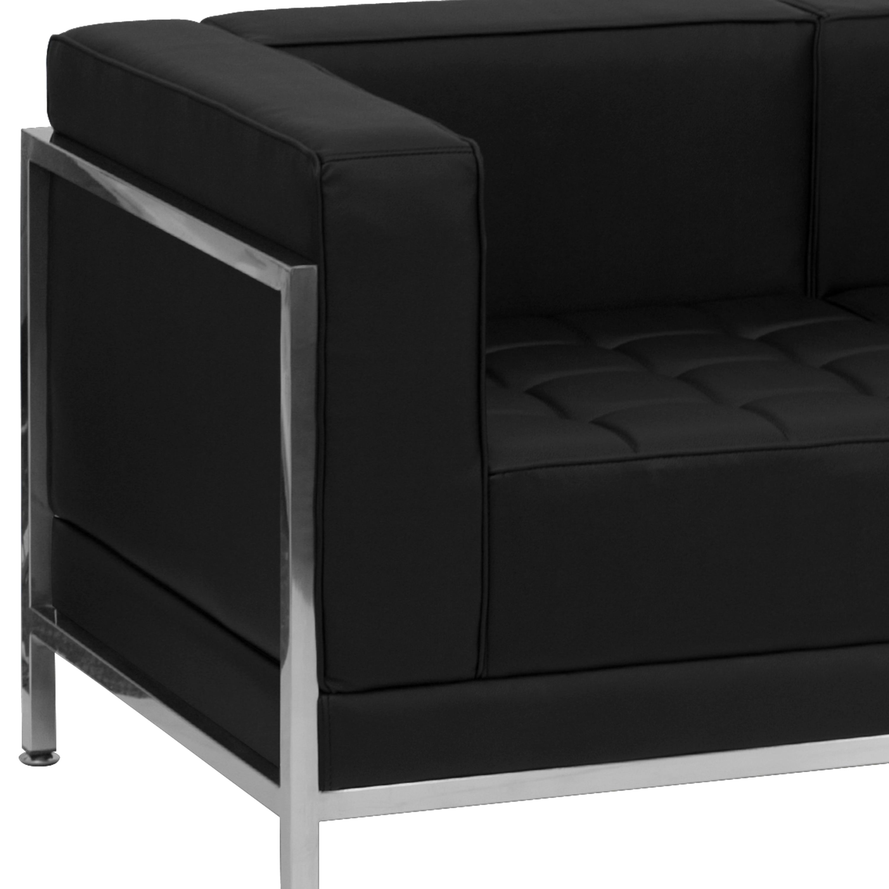 Modern Black Leather Tufted Reception Sofa with Metal Frame