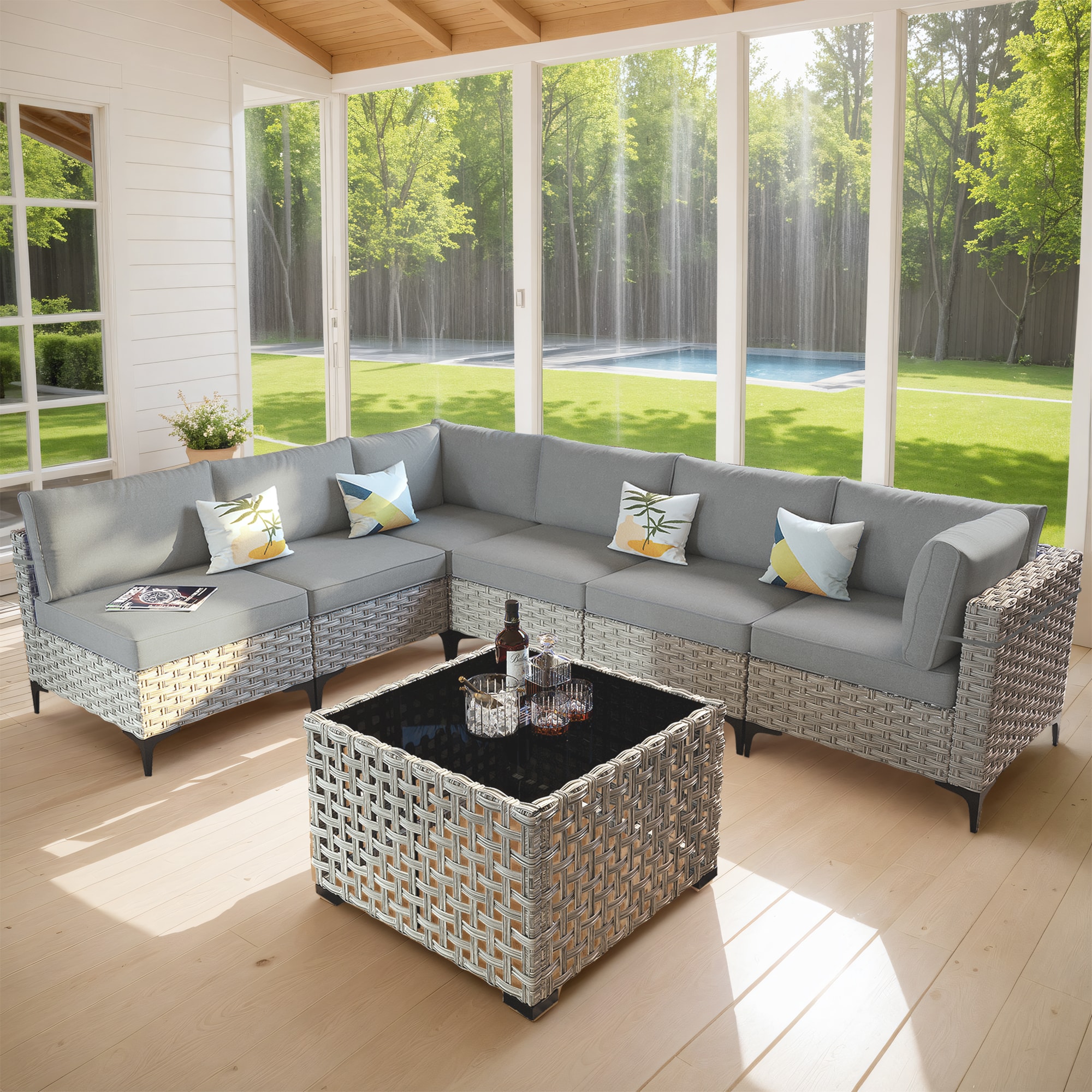 Pouuin SKT207 Wicker Outdoor Sectional with Dark gray Cushions and Wicker Frame