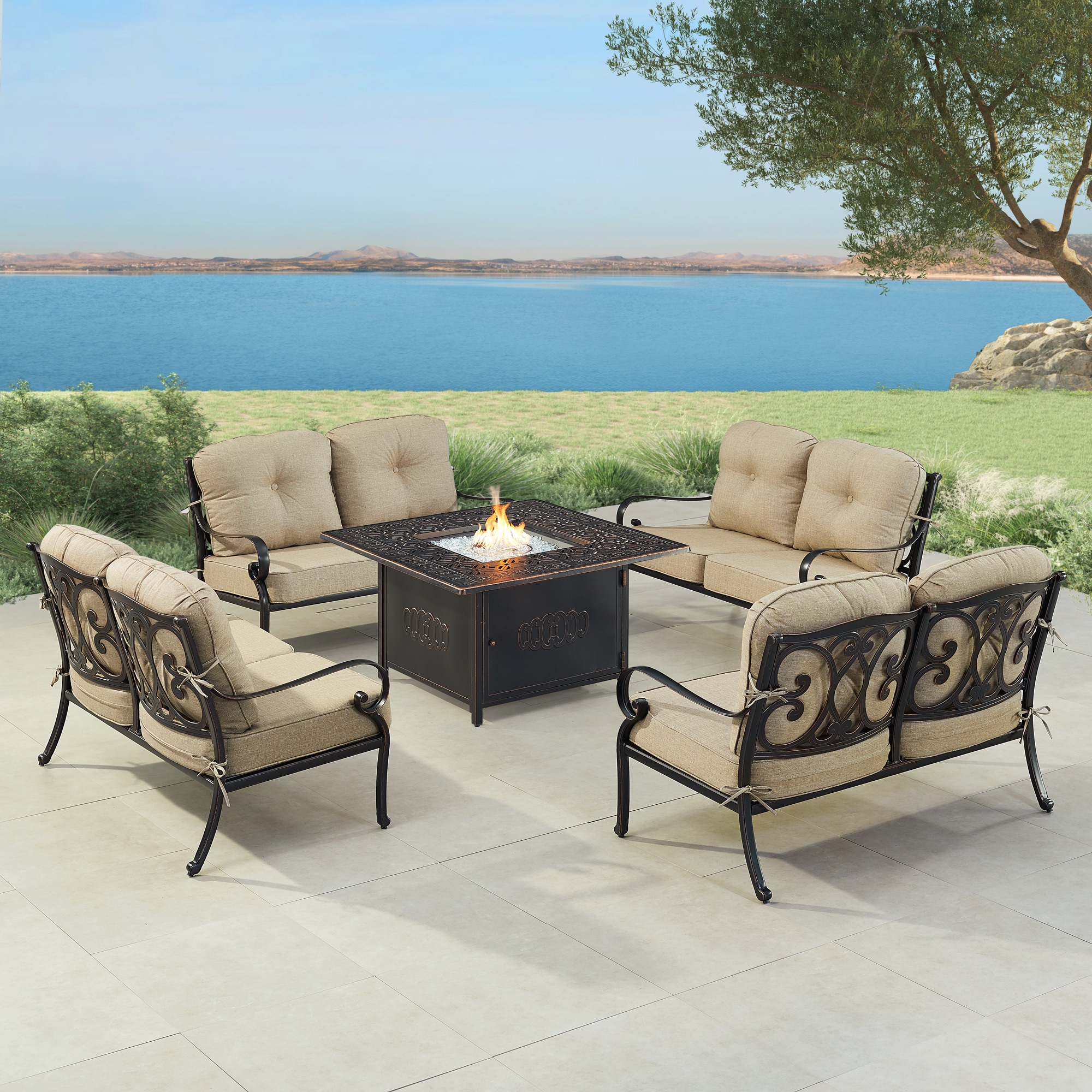 Oakland Living POPPY4LSRONINTNCUA Fire Pit Table Set, Four Loveseats and Wind Guard 22 -Piece Patio Conversation Set with Tan Cushions