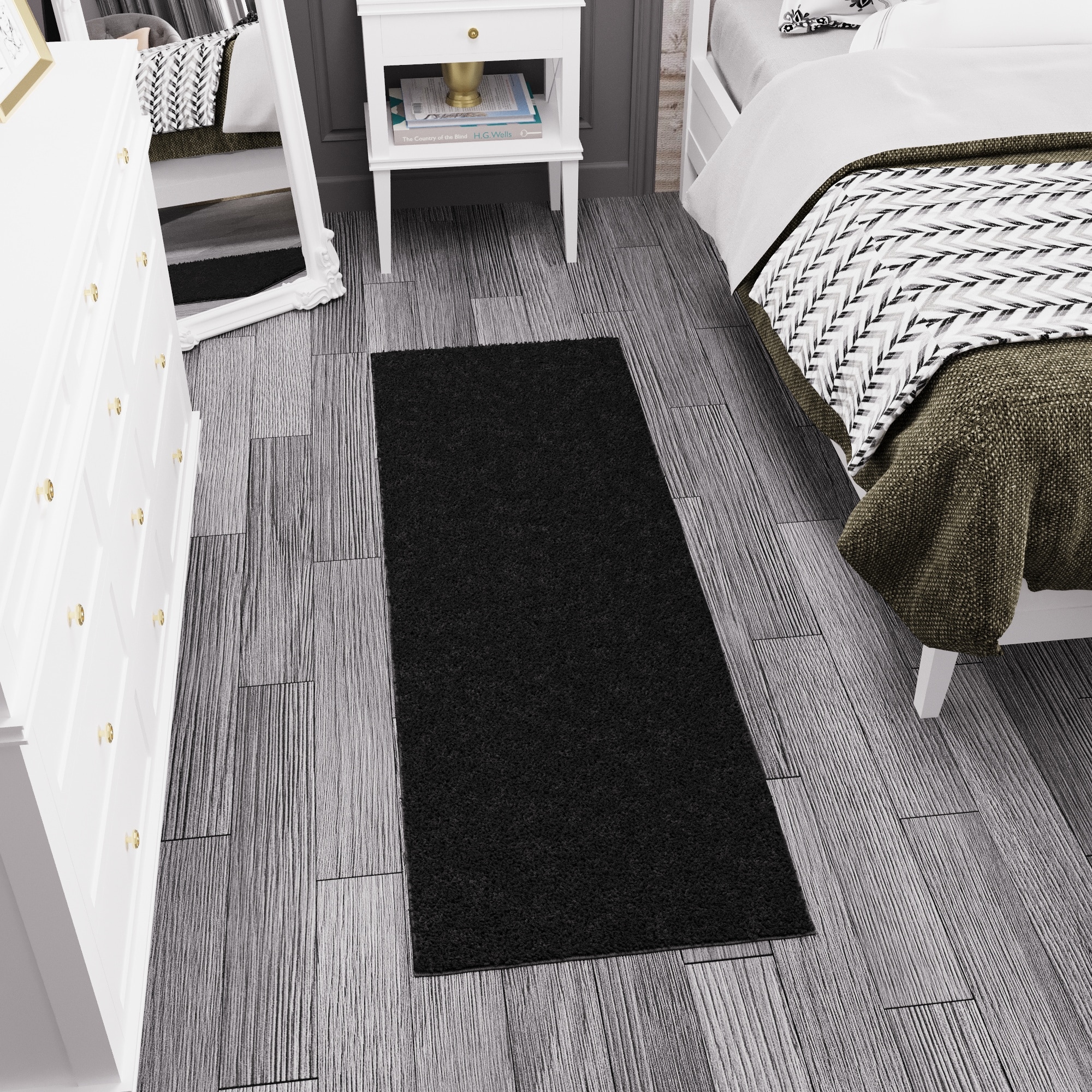 Ottomanson CY304-3X8 Non-Slip Shag Rug 3 x 8 (ft) Loomed Polyester Black Rectangular Indoor Solid Mid-Century Modern Runner rug