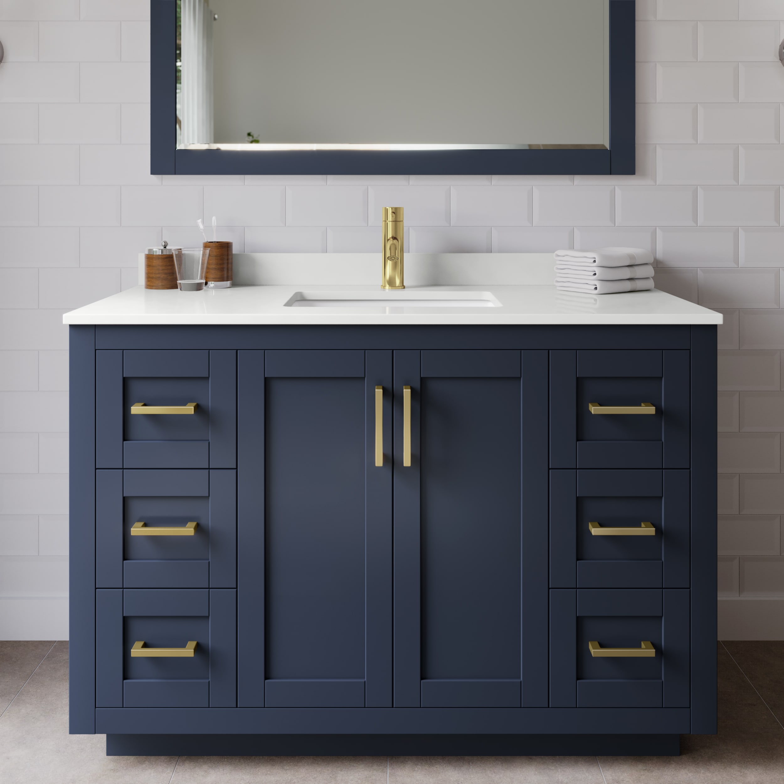 Wyndham Collection WCF292948SBLWQUNSMXX Miranda 48-in Dark Blue Undermount Single Sink Bathroom Vanity with White Quartz Quartz Top
