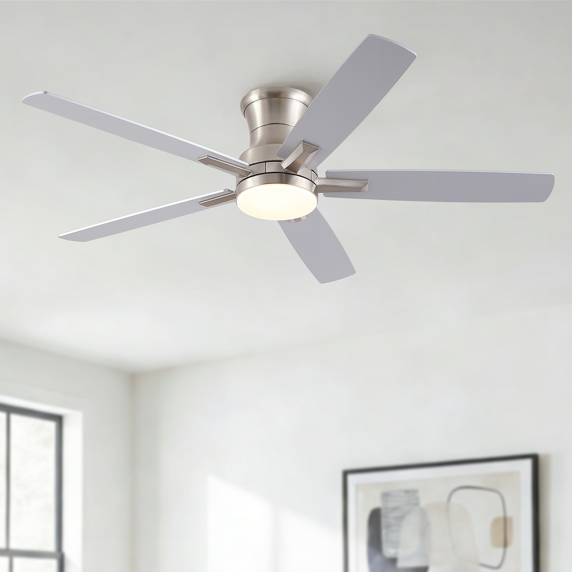 HyperDrop Cart 52-in Brushed Nickel Plywood Flush Mount Ceiling Fan with LED Light and Reversible Quiet Motor for Bedroom