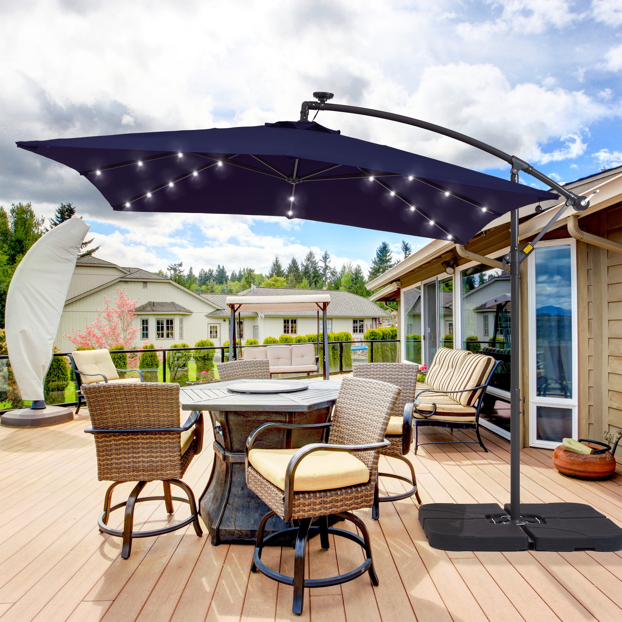 ACEGOSES LW-63NY 8.2-ft Steel Blue No-tilt Offset Patio Umbrella with Lights with Base