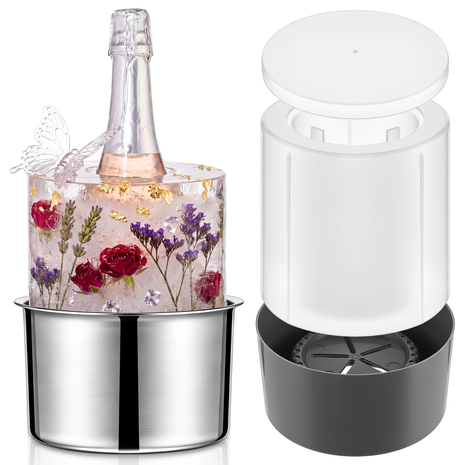 DHMHD  Stainless Steel Ice Bucket Mold Set with Clear Plastic Molds Lids and Gray Stands for DIY Flower Fruit Ice Wine Bottle Chiller