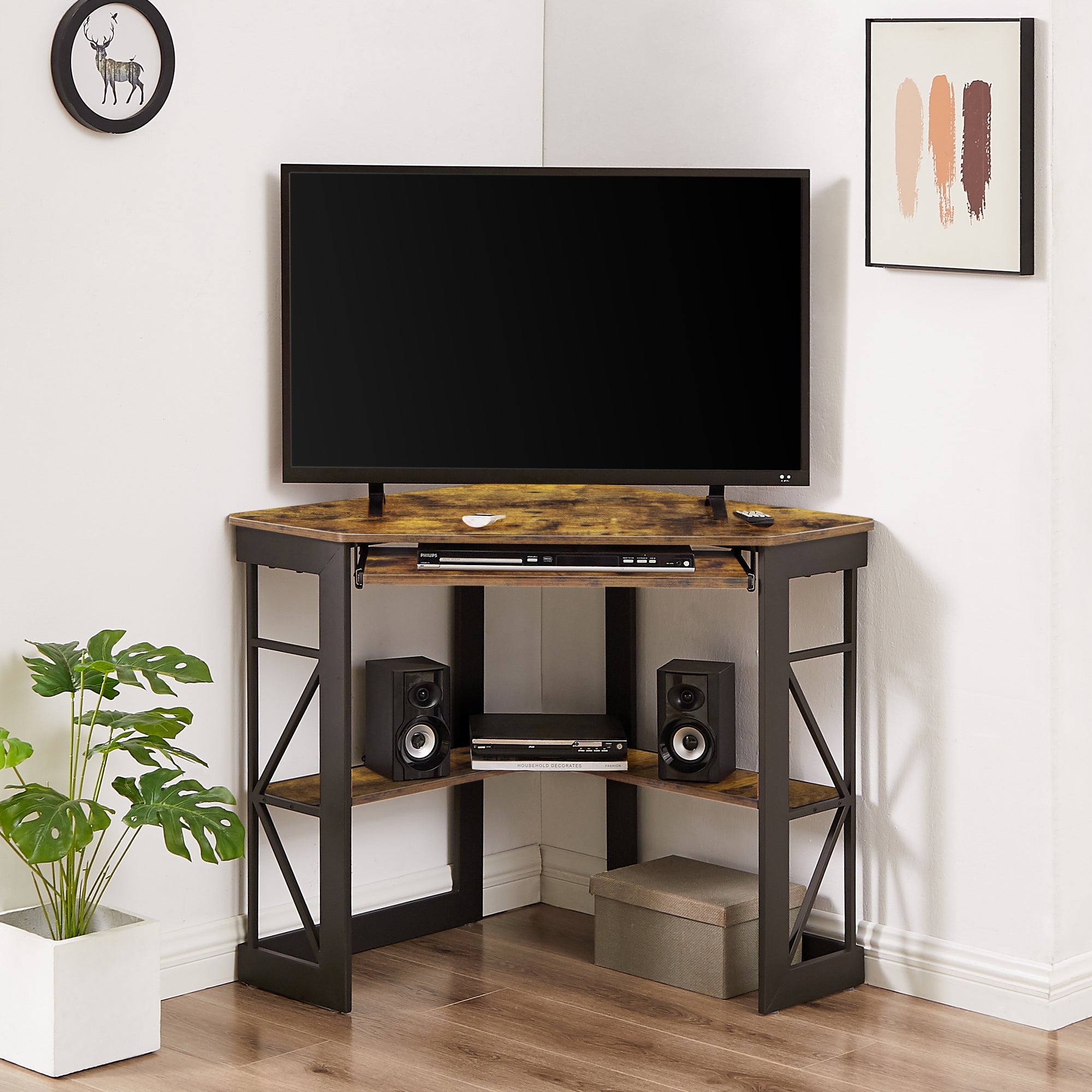 Vecelo LOE-XJM-CD03-ATB Corner Desk Computer Desk Writing Table with Smooth Keyboard Tray and Storage Shelves Compact Home Office Triangle Table