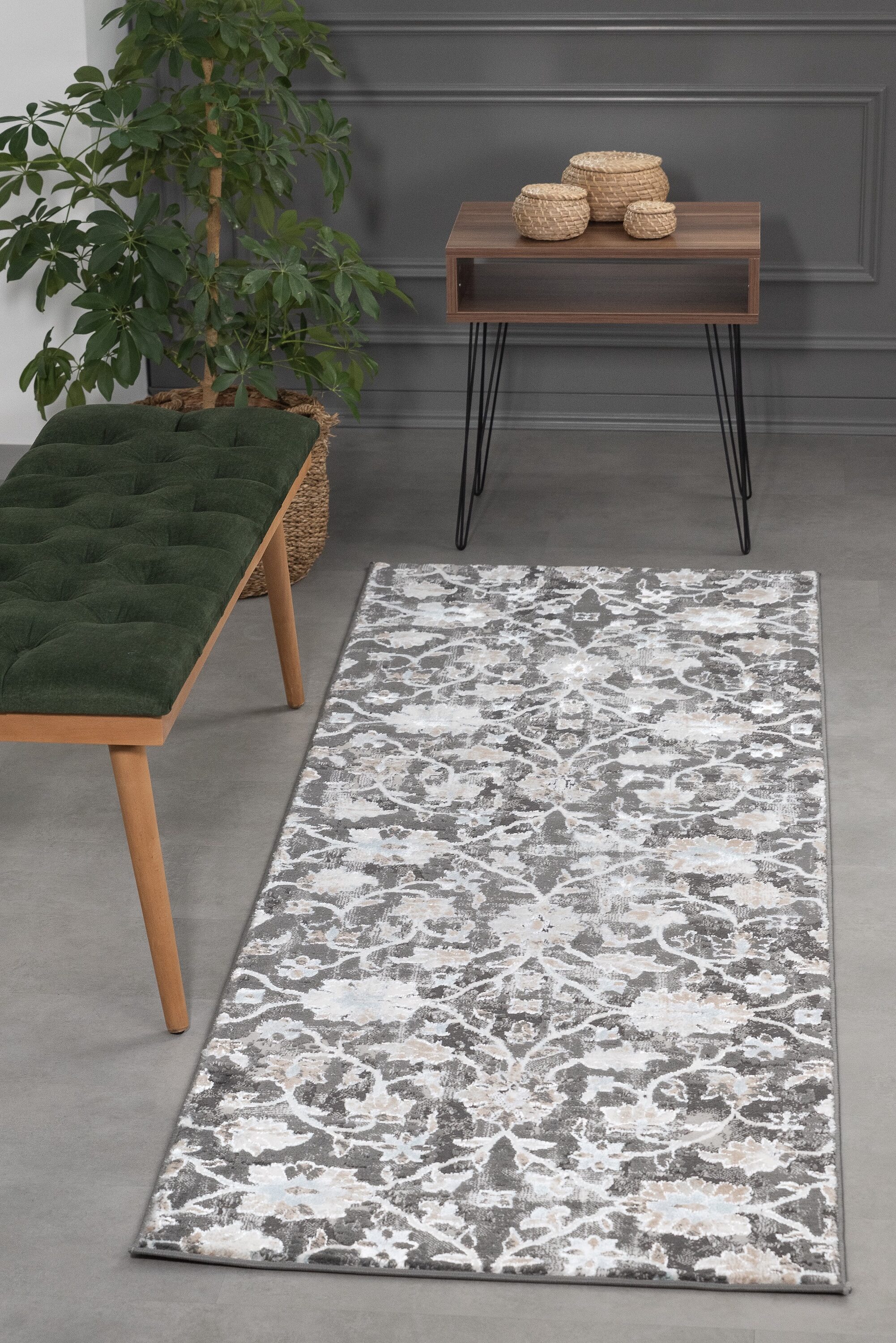MDA Rugs EC0128 Elpida 2 x 8 (ft) Polypropylene Gray and Cream Rectangular Indoor Floral/Botanical Area rug