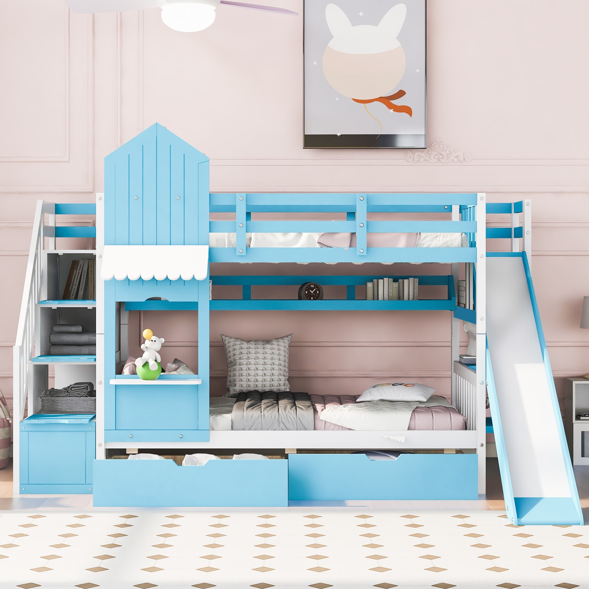 ModernLuxe Blue Twin Over Twin Bunk Bed with Playhouse Design, Sturdy ...