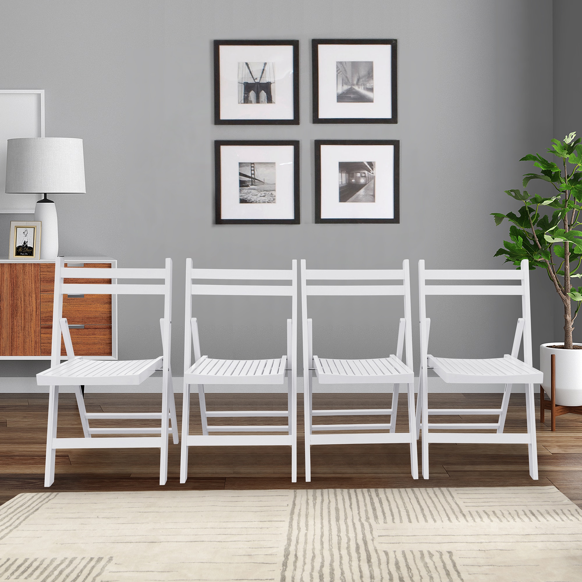Clihome CL-BHF28GY Patio Folding Chair Set of 4 Stackable white Wood Frame Stationary Conversation Chair with Slat Seat