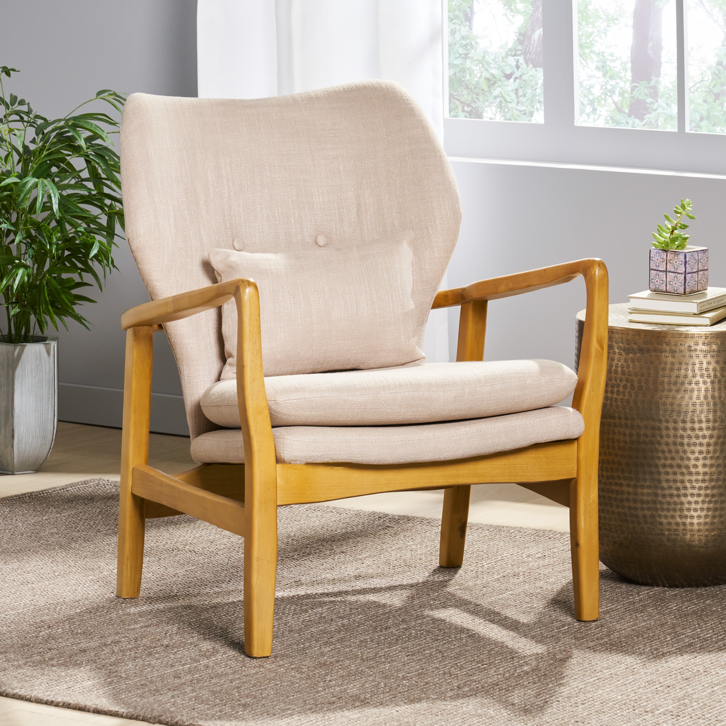 Christopher Knight Home 238434 Haddie Mid Century Modern Fabric Club Chair Beige and Light Walnut