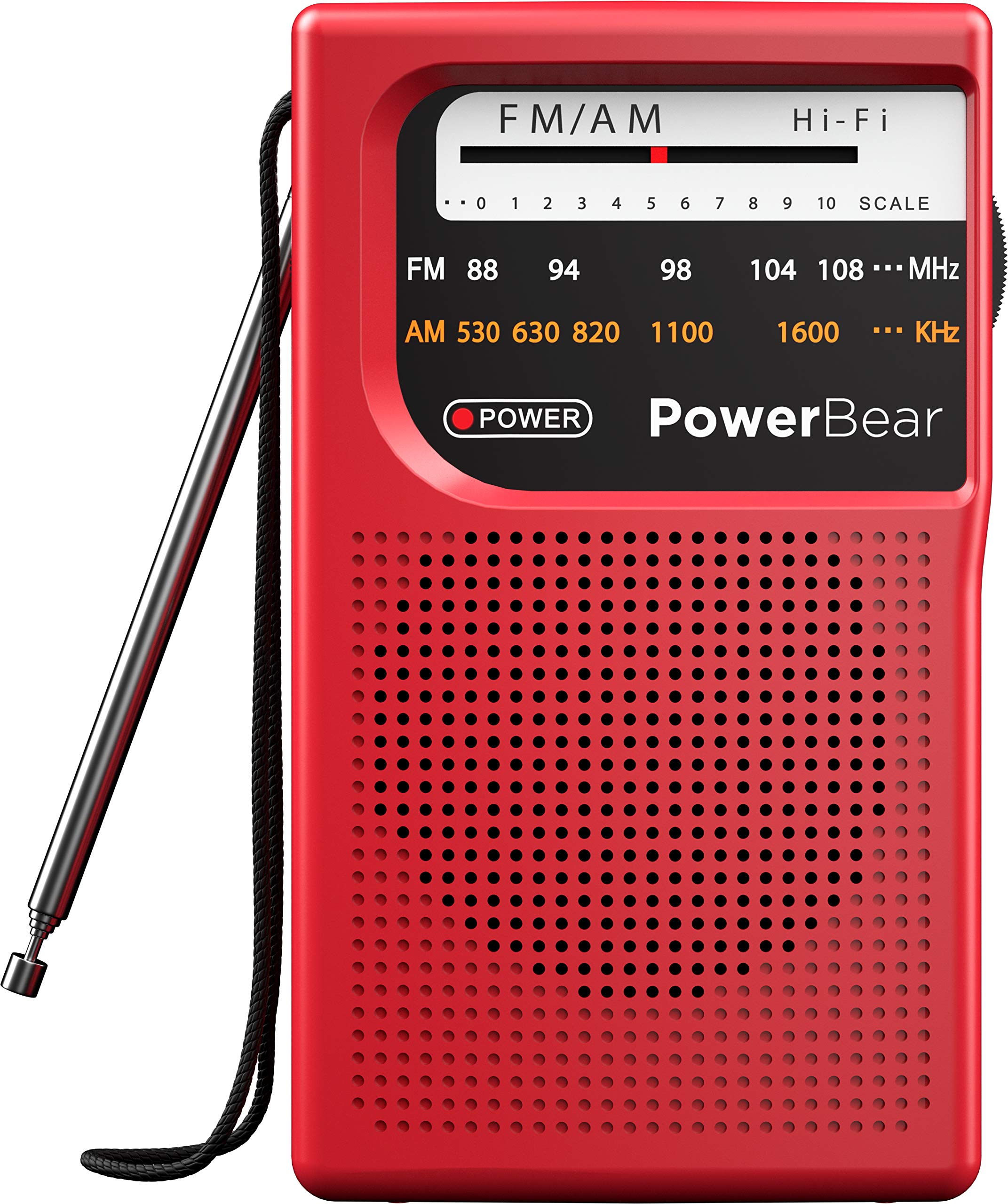 PowerBear  Portable Radio - AM FM 2AA Battery Operated with Long Range Reception for Indoor Outdoor and Emergency Use - Red