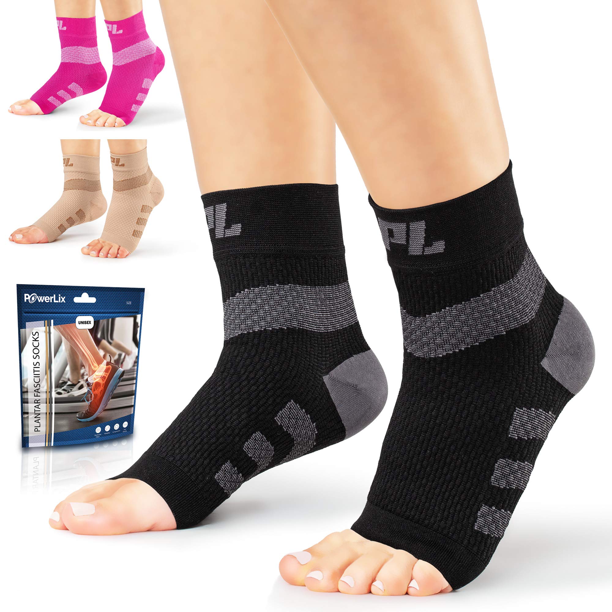 PowerLix B082X7Y8YP 2-Pack Plantar Fasciitis Socks with Ankle Support Brace for Women and Men - Black Small