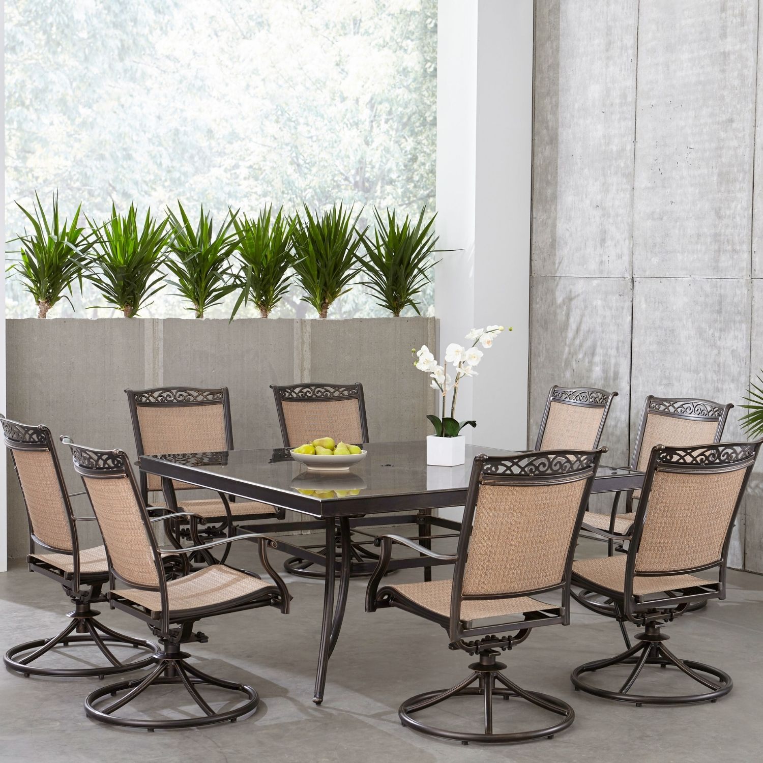 Hanover FNTDN9PCSWSQG Fontana 9 -Piece Bronze Patio Dining Set Aluminum Square Table with 8 Tan Swivel Rocker Chairs