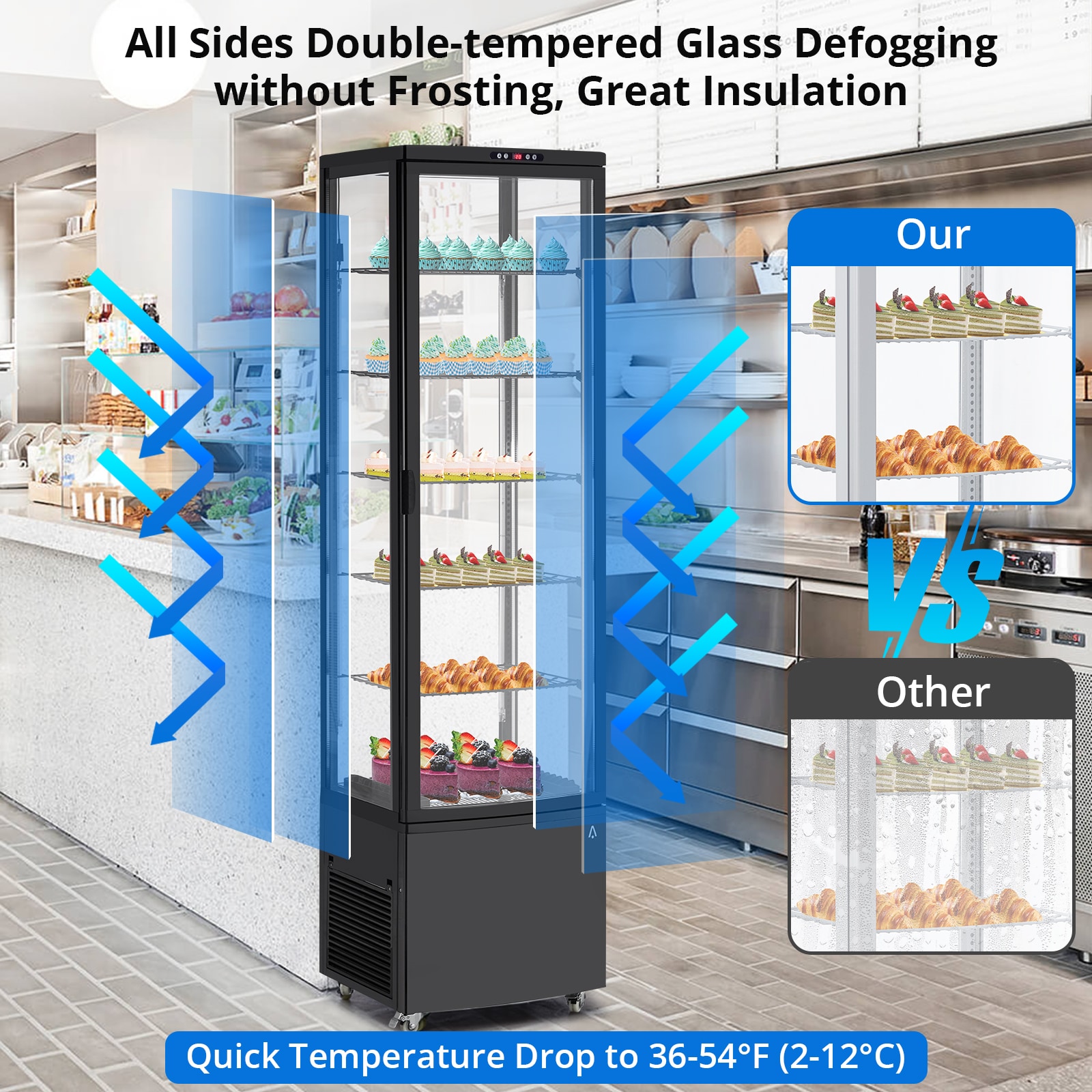 IdealHouse 10.5 Cu.Ft Air Cooled Commercial Refrigerated Display Case Double Glass Door LED Lighting Adjustable Shelves Auto Defrost Digital Controller For Bakery Cafe Restaurant Black