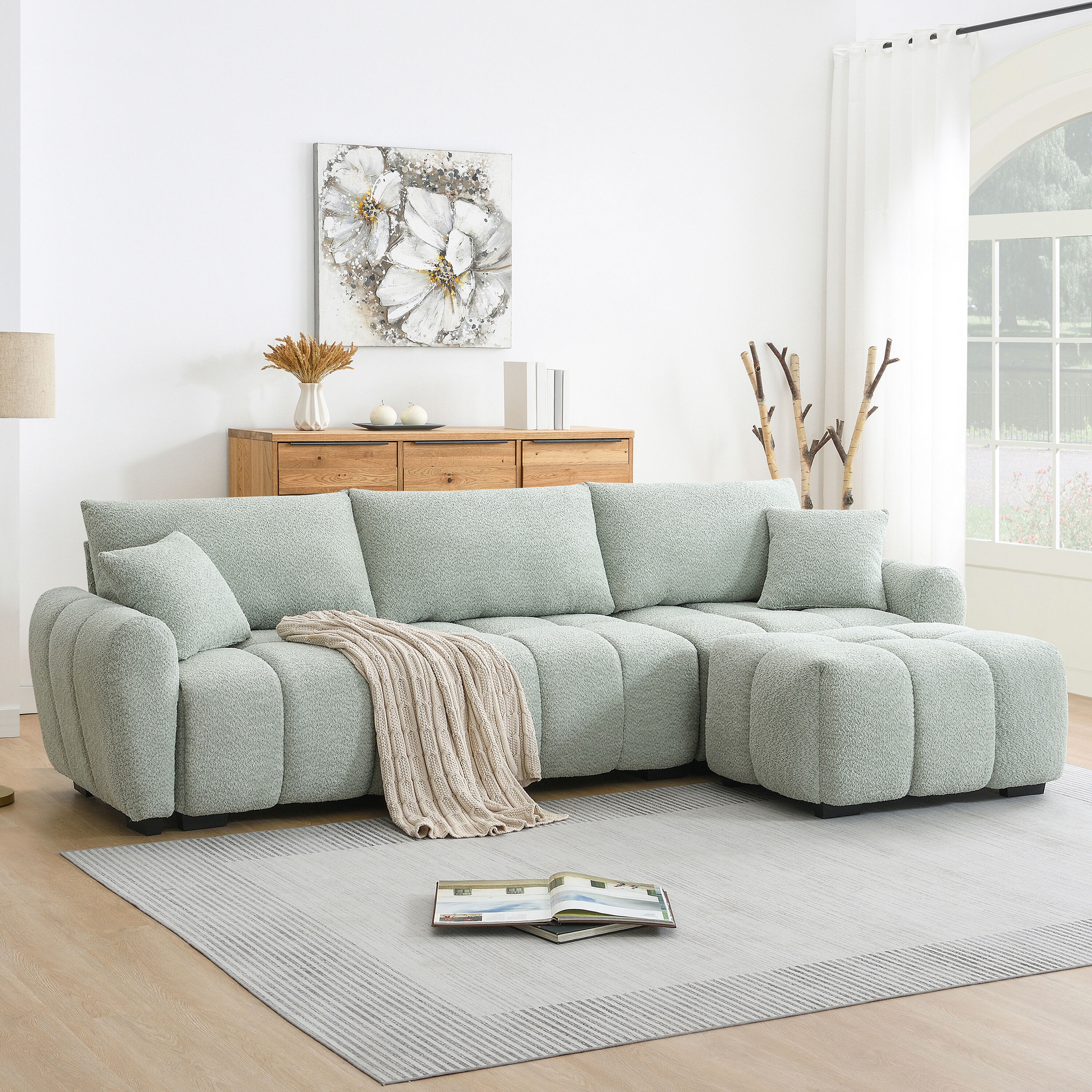 LOVMOR SF-Y-N723S0008F 110in Modular Sectional Sofa  L Shape with Extra-large Seat  Pull-line Design  Movable Ottoman High Density Foam Free Combination Sturdy Metal Wood Frame Boucle Fabric 3 Colors