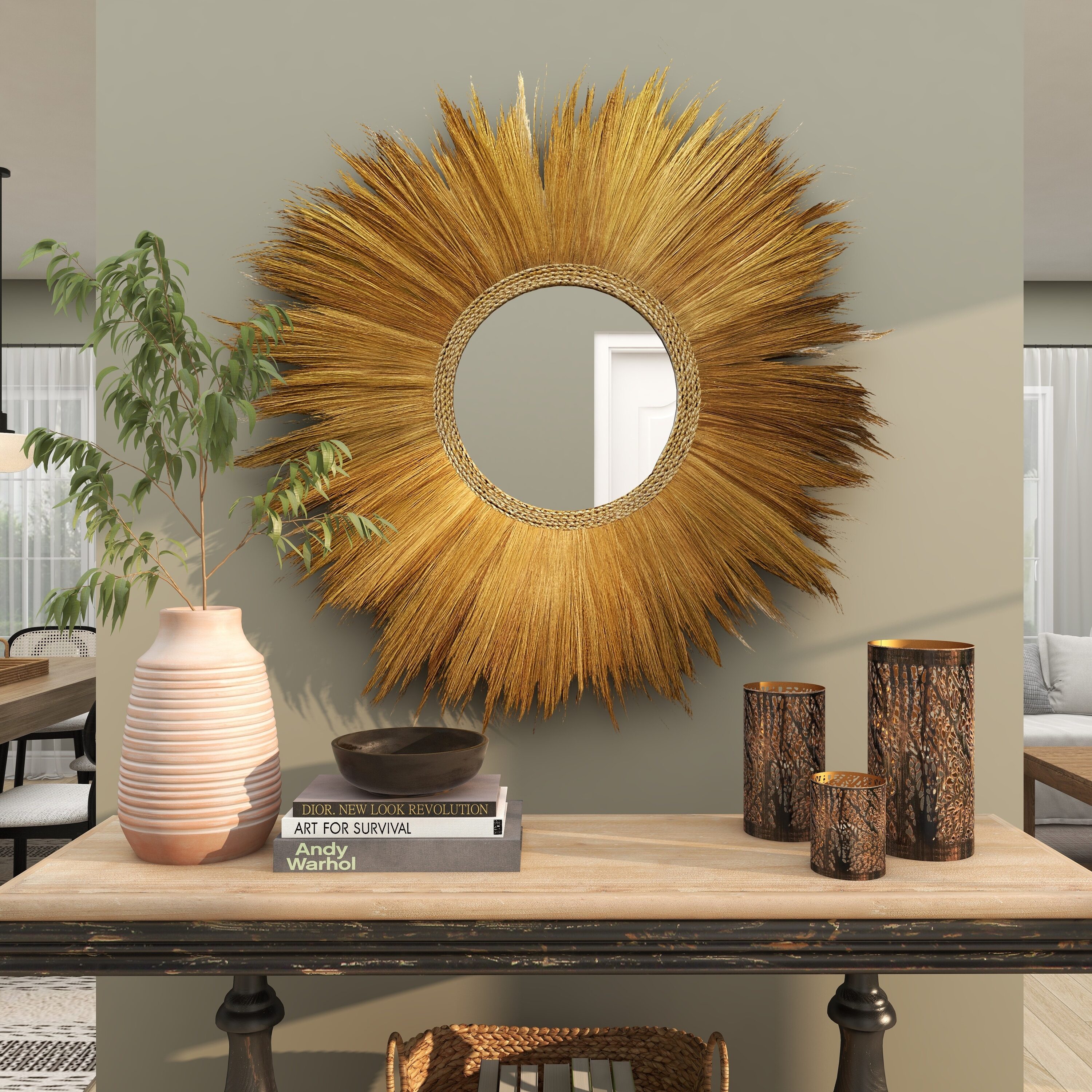 Golden Sunburst Round Decorative Wall Mirror with Grass Trim