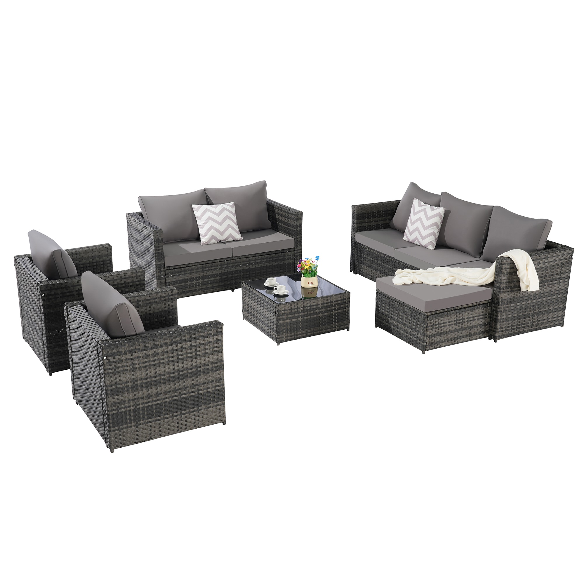 SINOFURN SYB670022BY 6 -Piece Wicker Patio Sofa Conversation Set with Gray Cushions