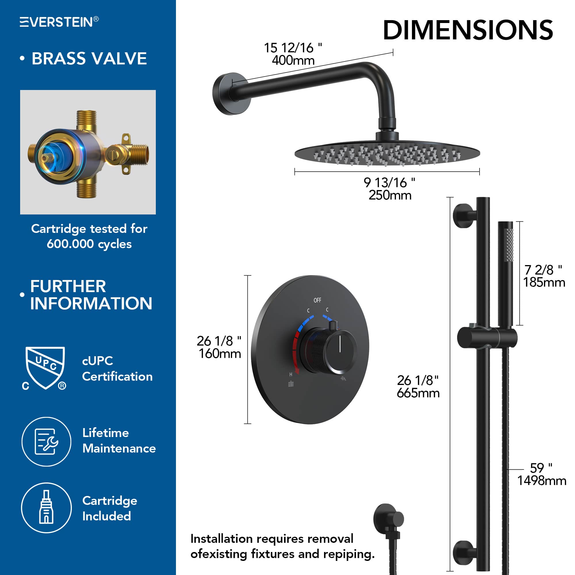 EVERSTEIN SFS-1013-BK10 Showerhead-Bar-Panels - View #10