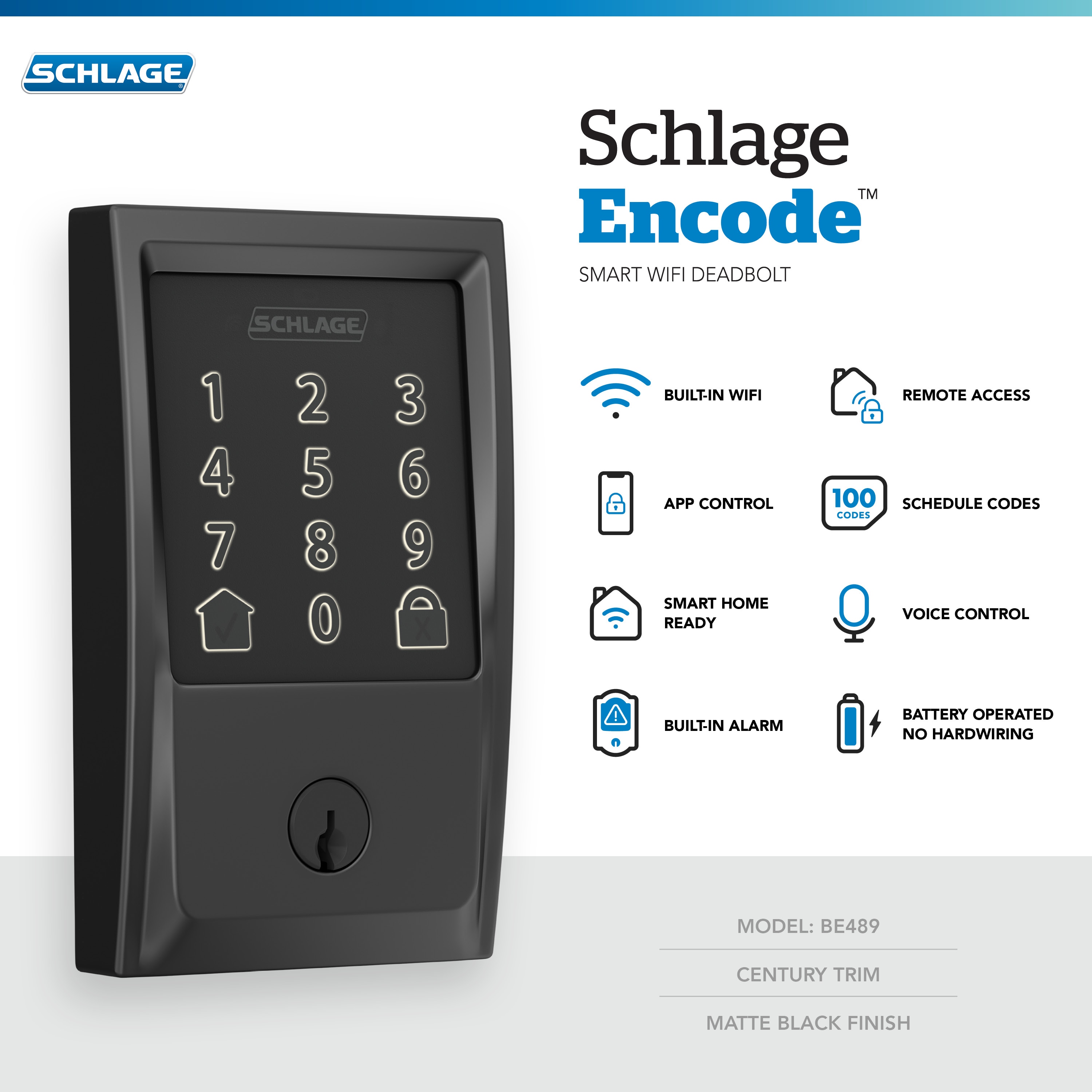 Schlage Encode Century Matte Black Smart Lock Electronic Deadbolt with Wifi Touchscreen Keypad BE489WB V CEN 622 Sansujyuku sansujyuku.com