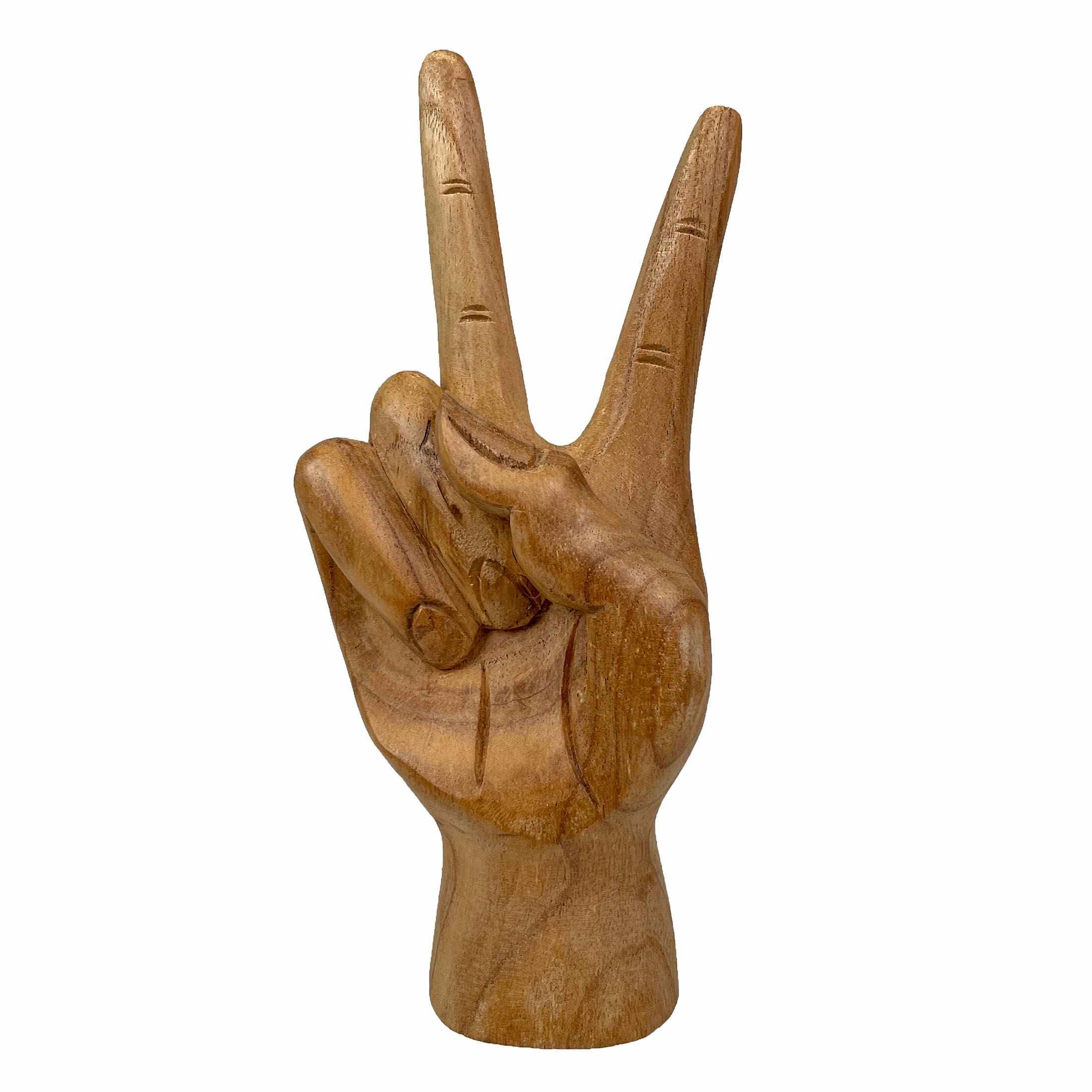 Zeckos ZKO-99276 Hand-Carved Peace Sign Hand Gesture Statue - Natural Finish Boho Tabletop Decor Accent- Standing 7.75 Inches High - Great For Bedrooms- Bathrooms and Dorms
