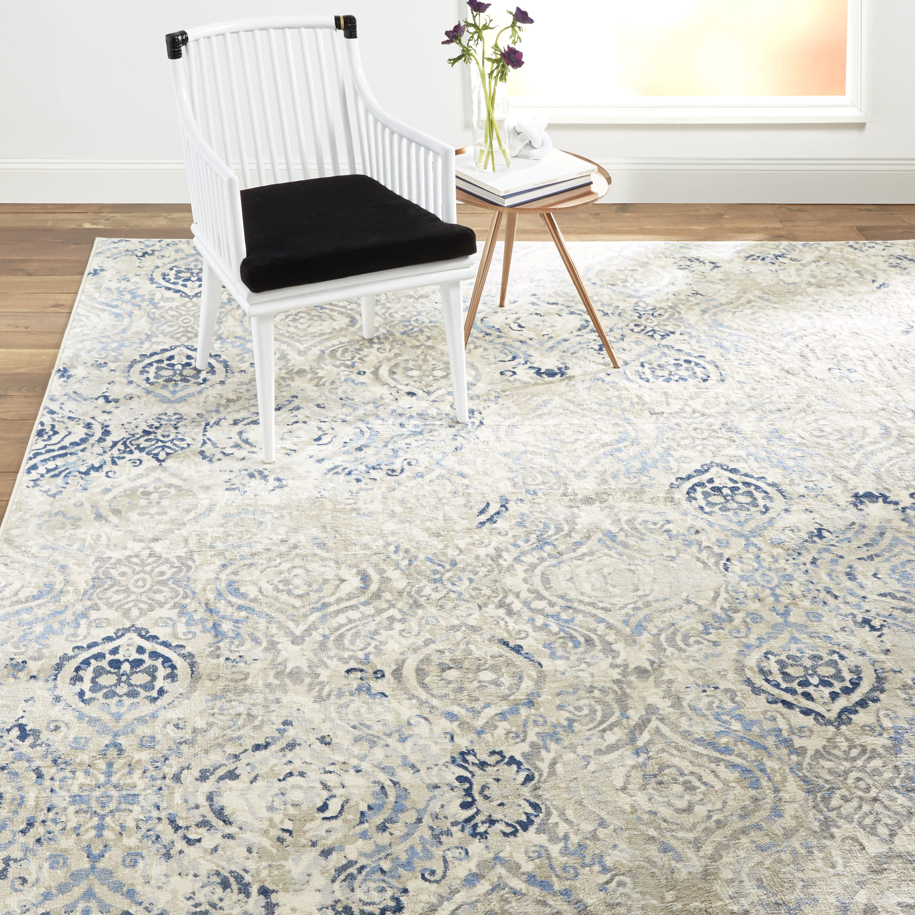 Ivory and Blue Moroccan Damask 9' x 12' Area Rug