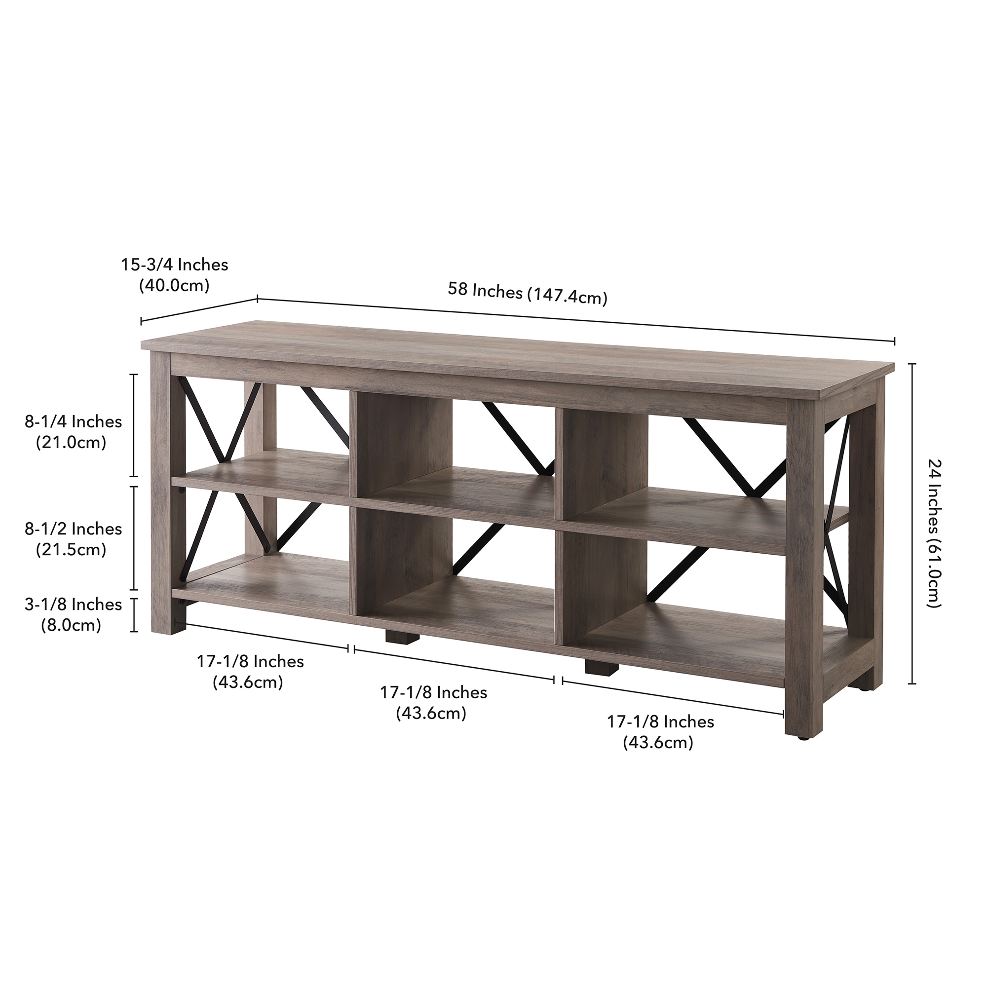 Sawyer Modern Farmhouse 58" TV Stand in Gray Oak with Black Metal Accents