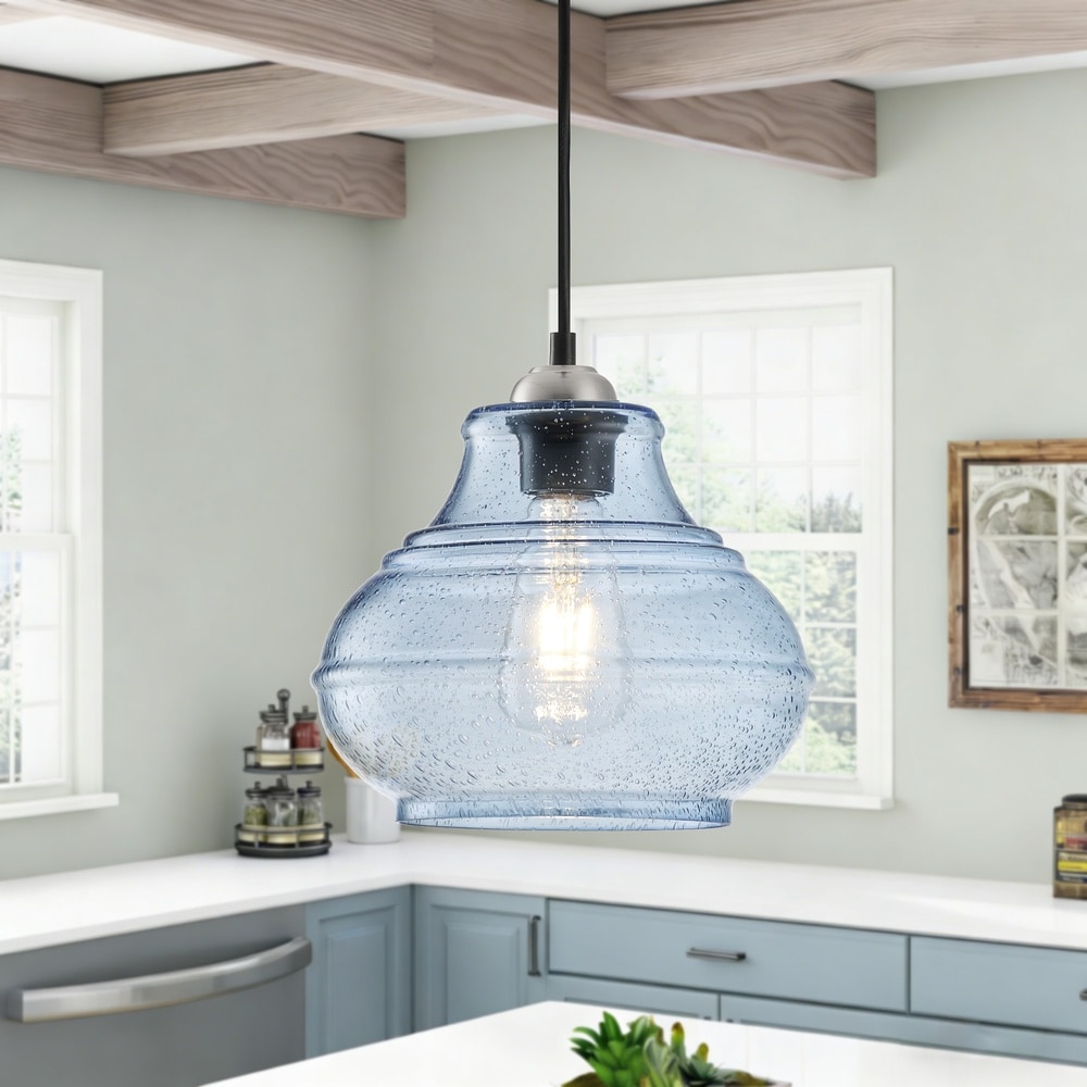 Henveton Jasslynn Modern Farmhouse 1 Light Seeded Glass Pendant Light Blue Urn Shaped Adjustable Hanging Fixture for Kitchen Island Dining Room
